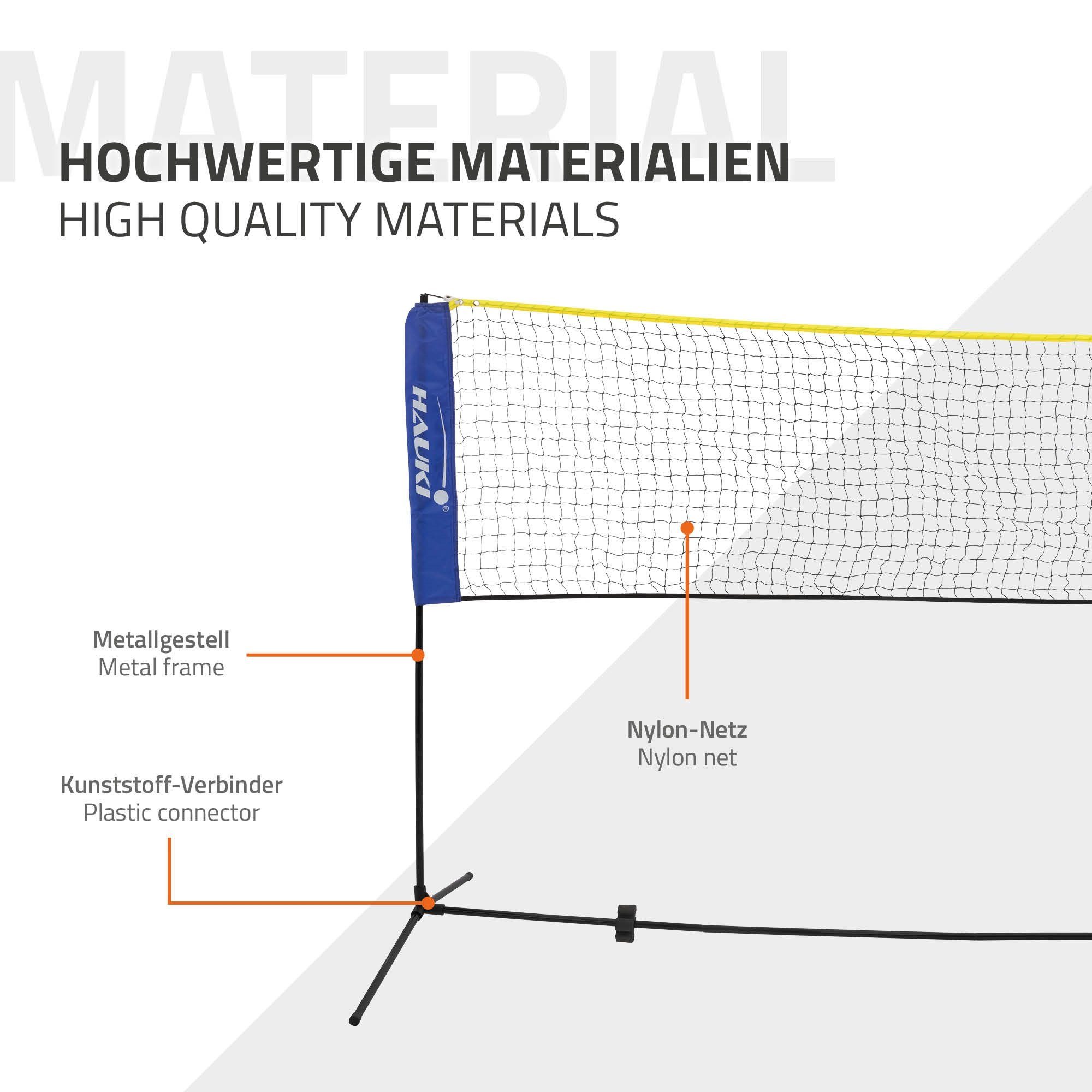 Hauki Badmintonnetz Tennisnetz Volleyballnetz Trainingsnetz Federballnetz Set (Komplett-Set, 5-St., Netz, Tragetasche, Federbälle), Blau 400cm 156cm inkl. 3x Federball Transporttasche Eisen-Gestell