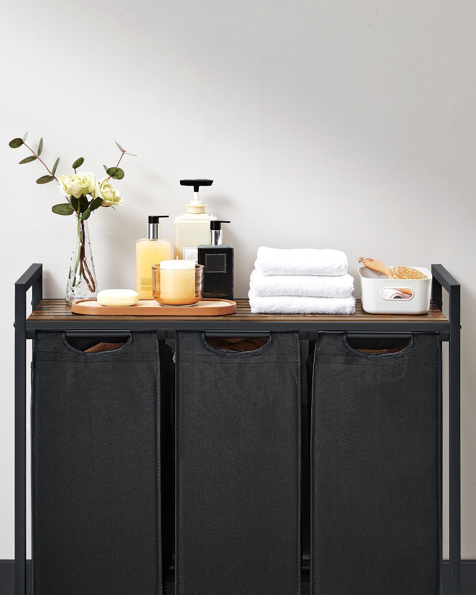 VASAGLE Wäschekorb, 3 Fächer, mit Ablage, ausziehbar und abnehmbar, 3 x 38 L