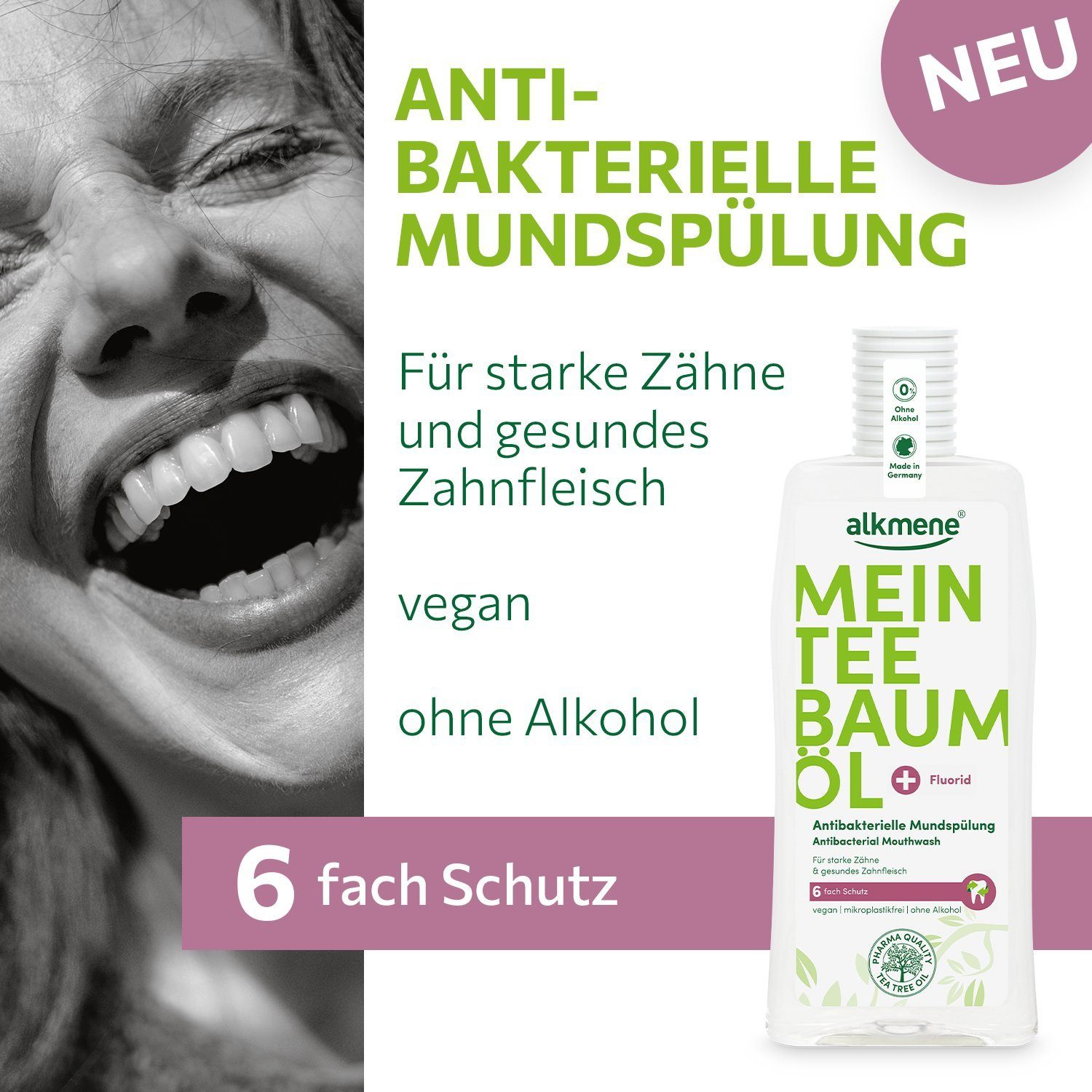 alkmene Munddusche 6x Teebaumöl antibakterielle Mundspülung 6fach Schutz - Mundwasser