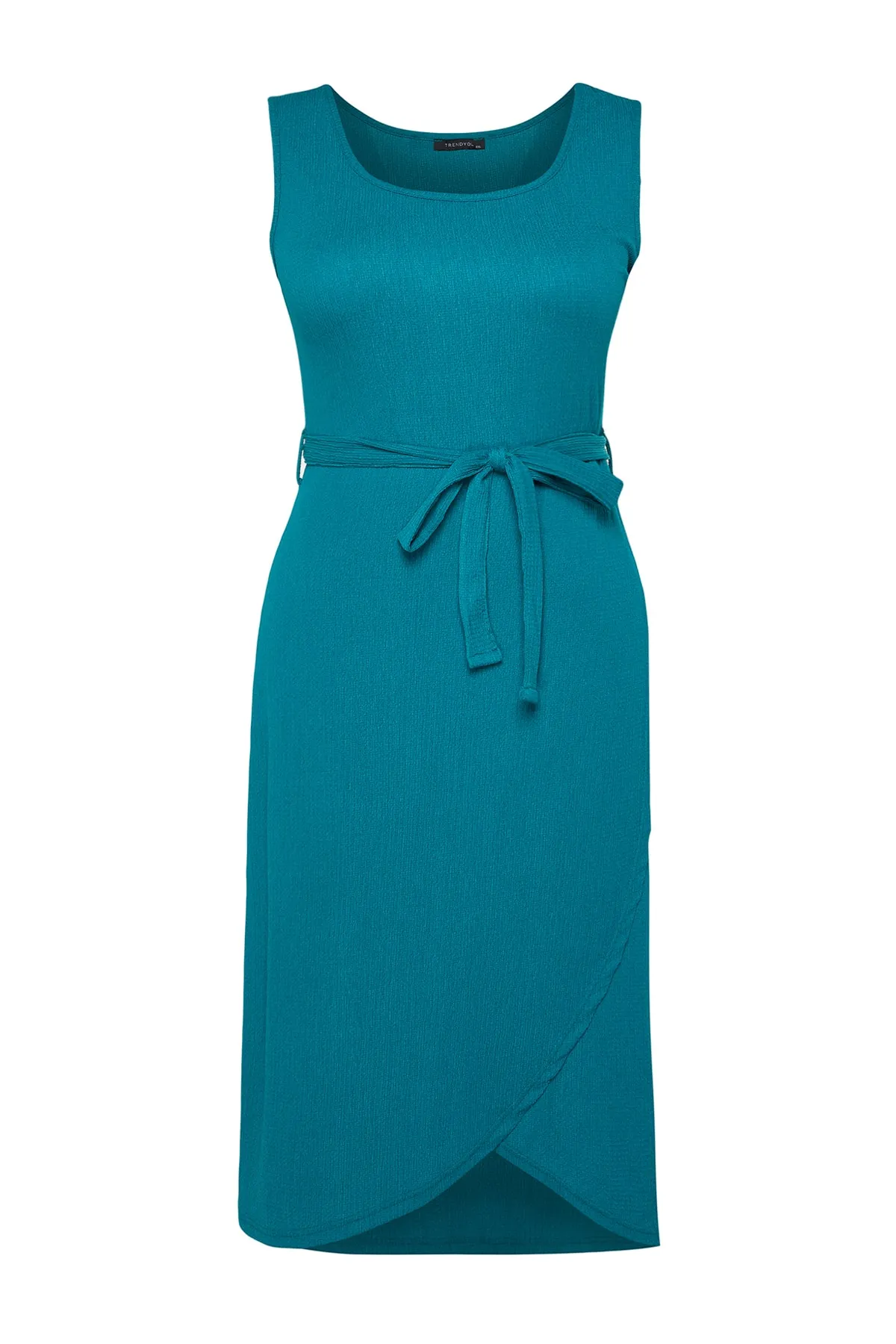 Trendyol Curve  Petrolfarbenes, zweireihiges Strickkleid mit Gürtel TBBSS22AH0144