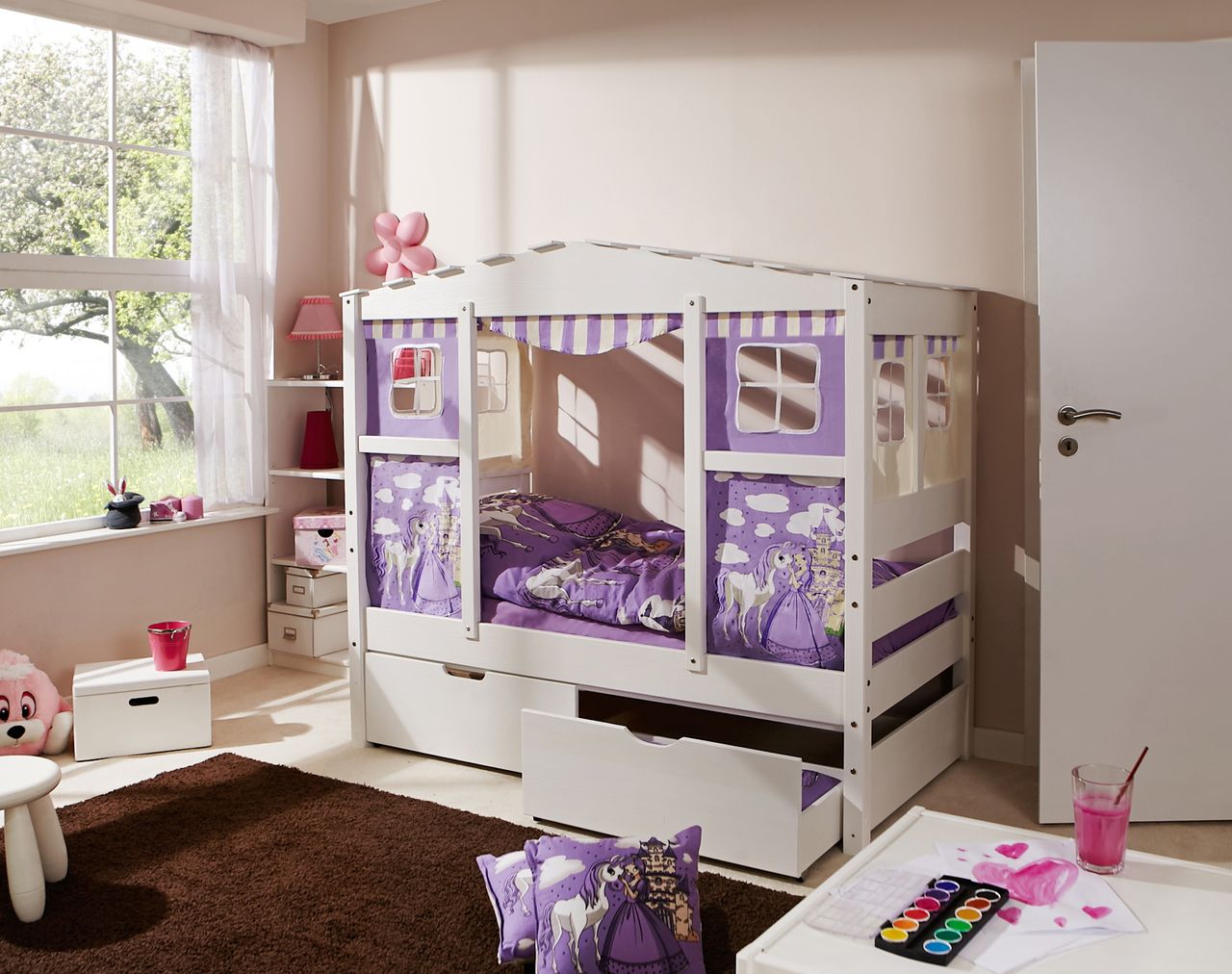 Ticaa Hausbett MINI Prinzessin Lila Var 4 - mit 2er Schubkästen - inkl. Matratze