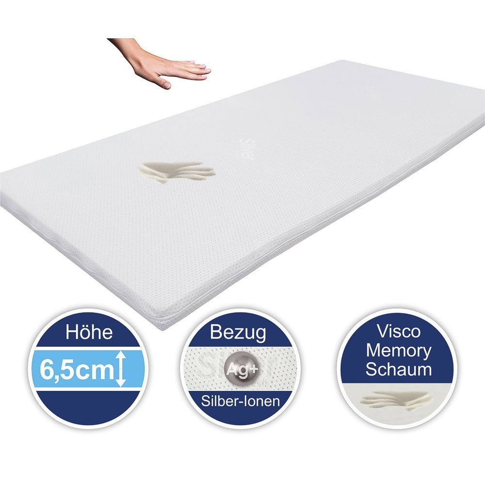 Topper Viscotopper Silver Fresh mit antibakteriellem Silber Ionen Bezug, Matratzen Perfekt, 6.5 cm hoch, Viscoschaum, Viscotopper mit antibakteriellem Silberionen Bezug