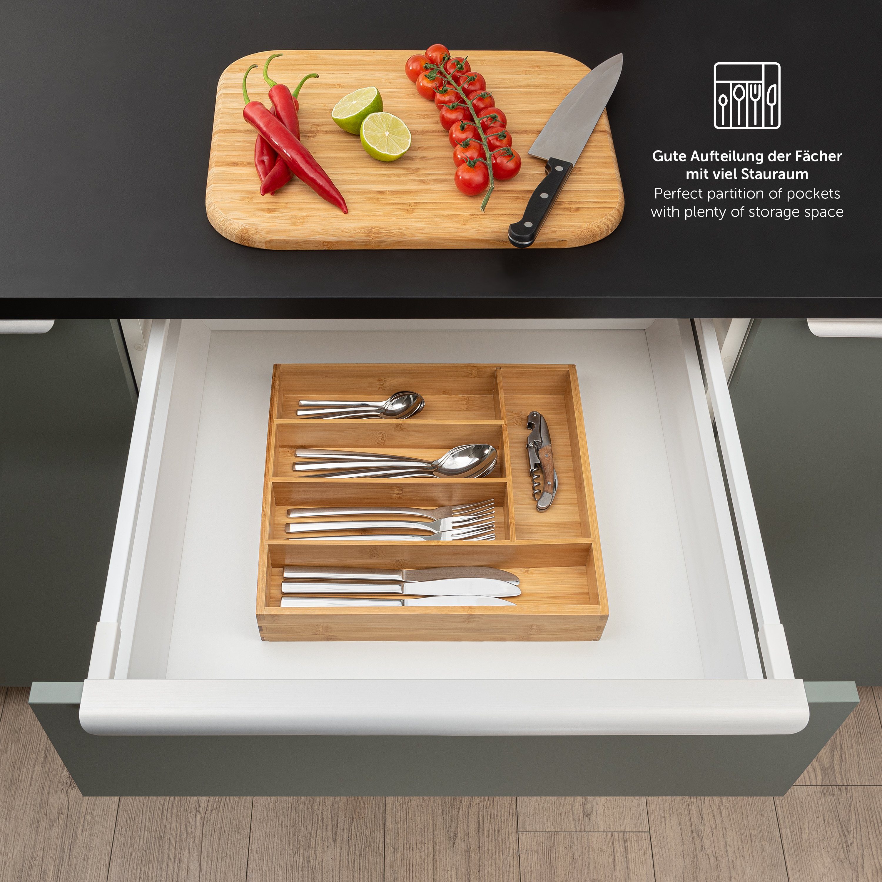 Blumtal Besteckkasten Küchenschubladen Einlagen - Bambus Besteckkasten für Schubladen (mit 4 oder 5 Fächern als Organizer für Besteck und Haushaltsartikel), leicht abwischbar, Besteckeinsatz passend für IKEA Maximera