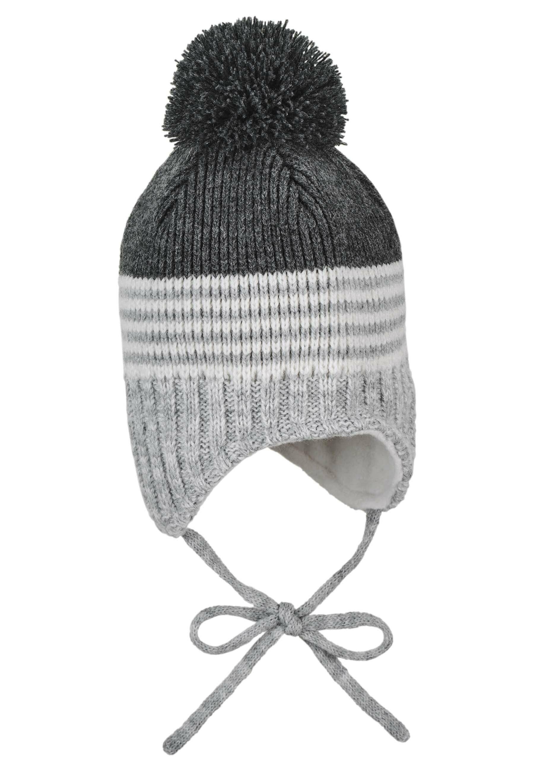 Strickmütze im Mustermix mit Bommel und Bindeband