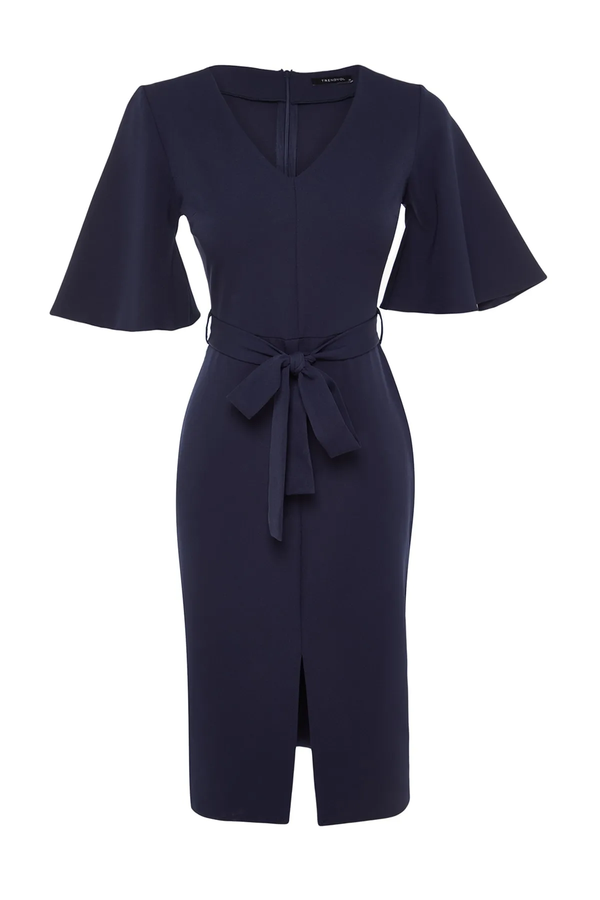Trendyol Collection  Marineblaues, figurbetontes, gewebtes Schlitzkleid mit Gürtel und Gürtel TOFAW19BB0167