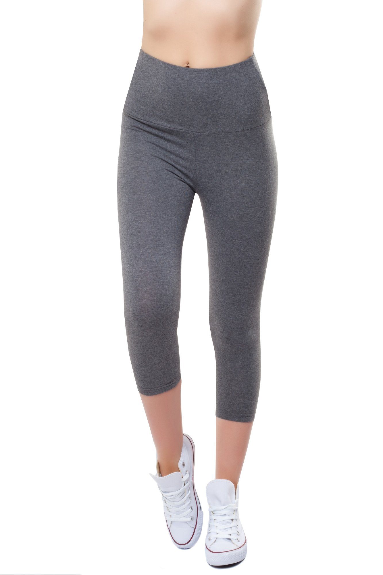 Bongual Highwaist Leggings Damen 3/4 Leggins hoher Bund Capri-Leggings aus Baumwolle-mix Grau hochtailliert