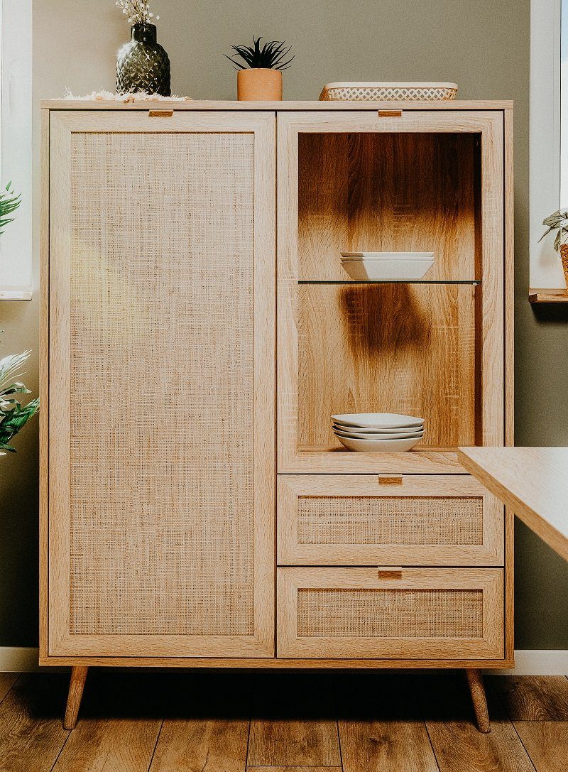 Finori Highboard Highboard Bali, Sonoma Eiche / Rafia Geflecht, Mediterran