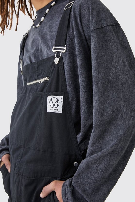 Lockere Twill-Latzhose mit Logo und Reißverschluss
