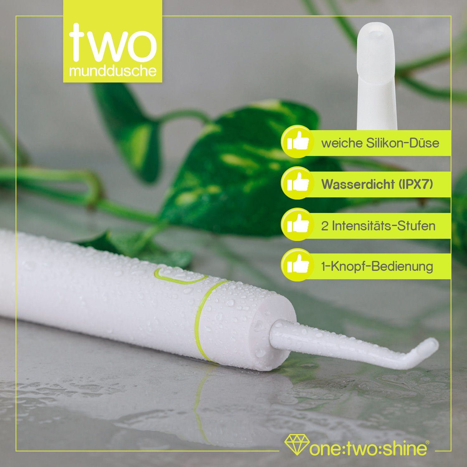 one:two:shine Reise-Munddusche TWO, klein, leicht, kabellos & elektrisch für Urlaub & Reise, mit, Aufsätze: 3 St., zur effektiven Zahnzwischenraumreinigung