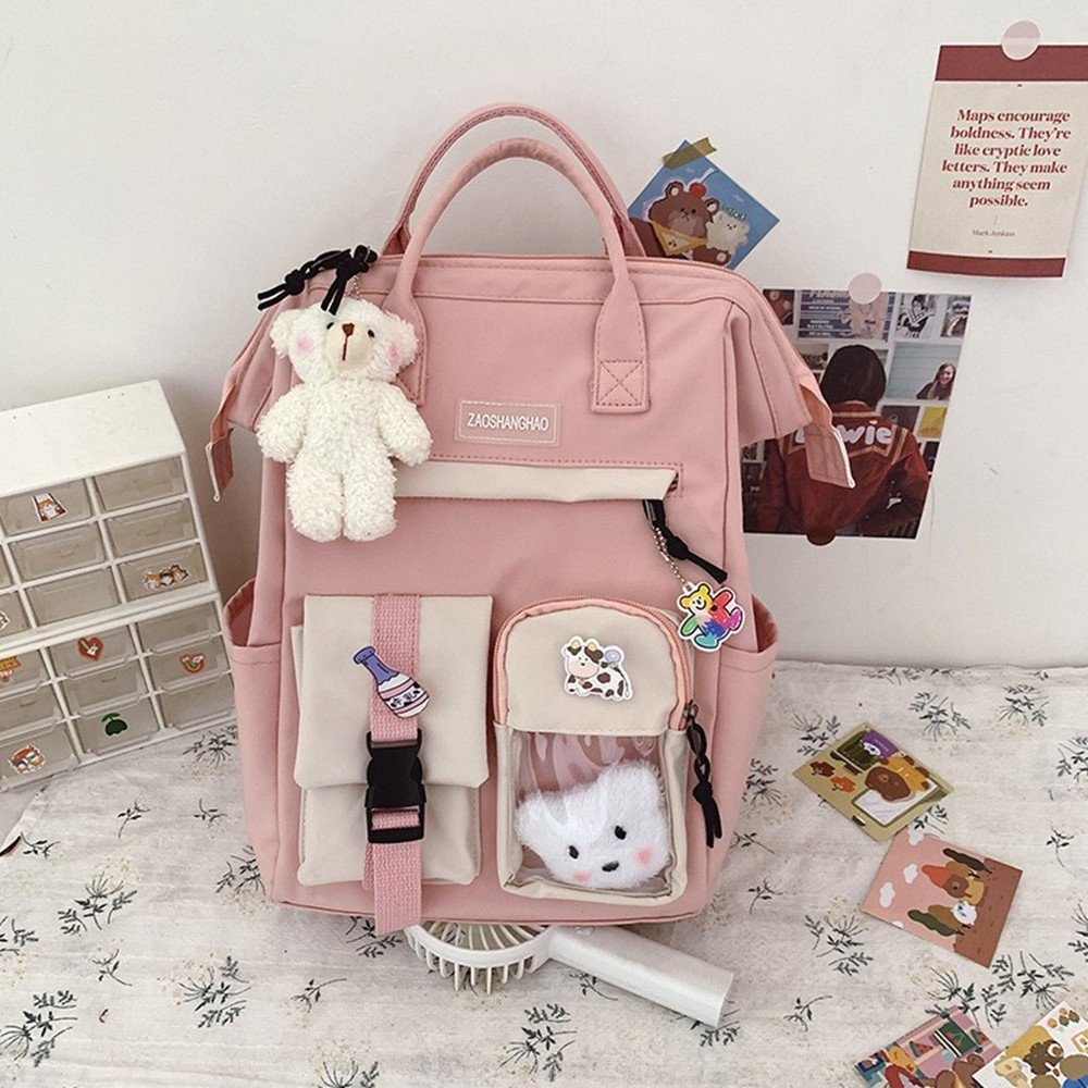 XDeer Kinderrucksack Süße Mädchenrucksack,Büchertaschen(pink) mit Plüschanhänger für Teenager, Mädchen, Schulrucksack für Studenten,wasserabweisender Reiserucksack für die Schuler (Set), mit Laptopfach,mit Plüschanhänger