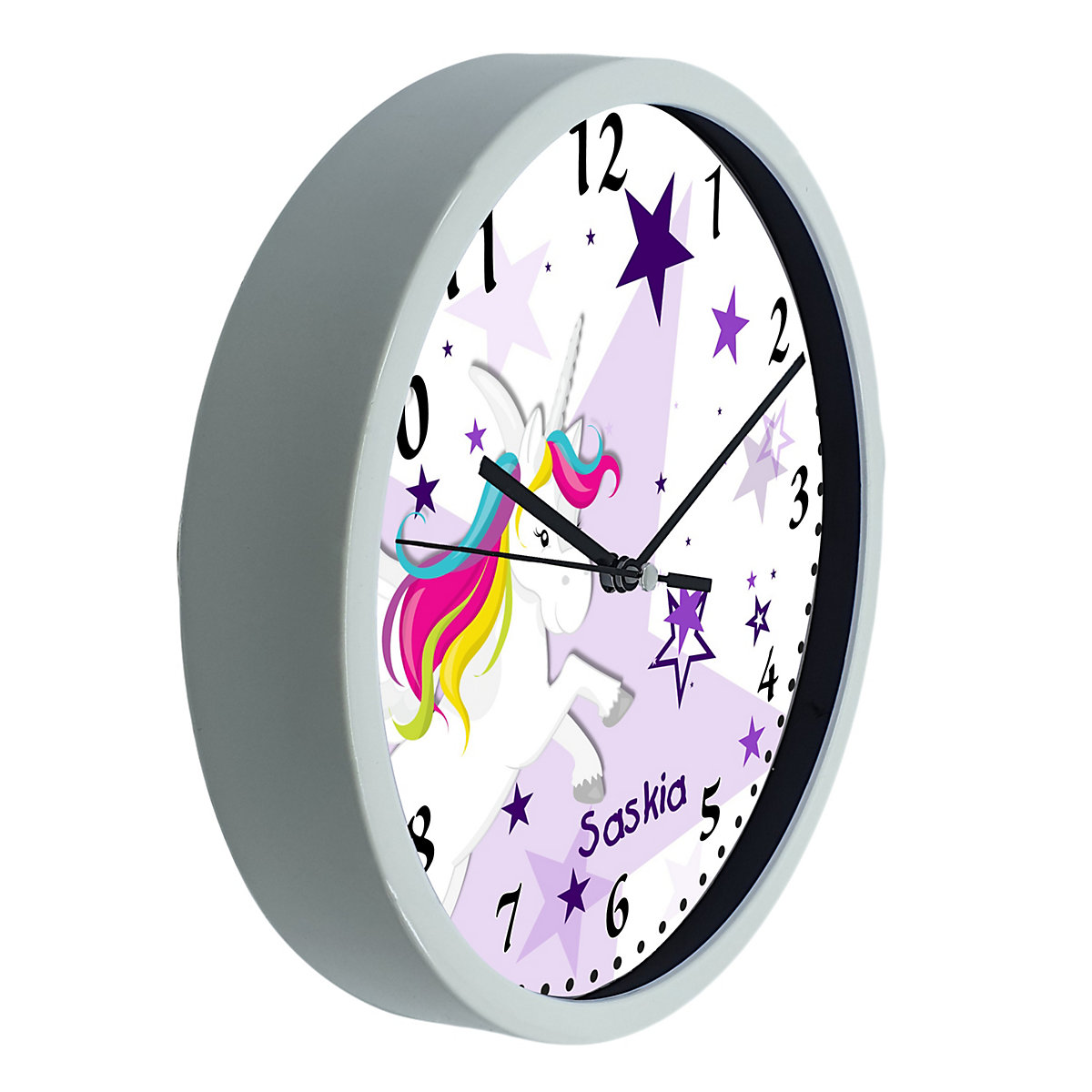 Kinder Wanduhr personalisiert mit Name Pegasus Sterne Lila