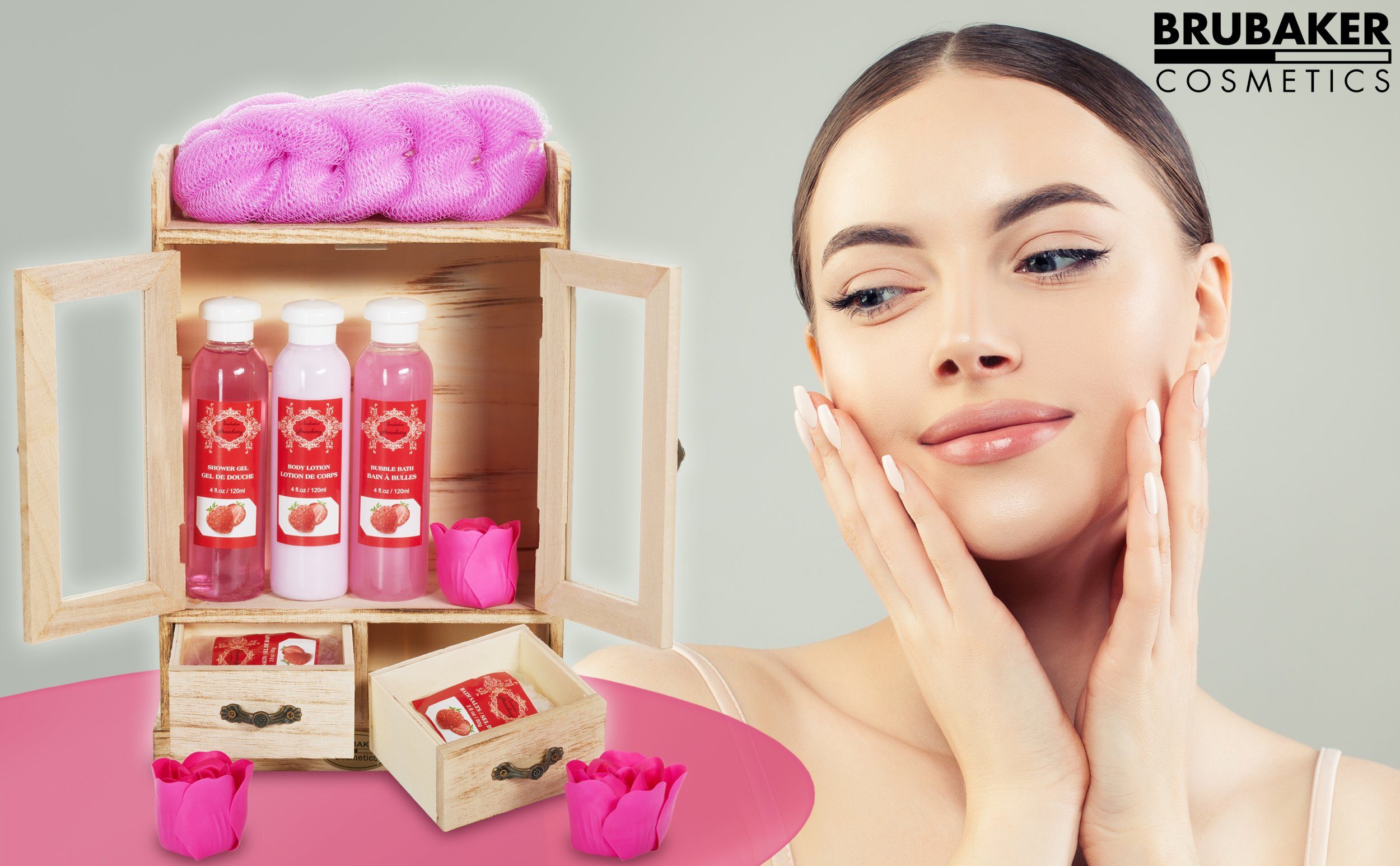BRUBAKER Pflege-Geschenkset 2 in 1 Pflegeset Erdbeere & Kokosnuss Erdbeere - Wellness Set, 15-tlg., Damen Dusch- und Badeset - Frauen Beauty Geschenkset mit Dekoration