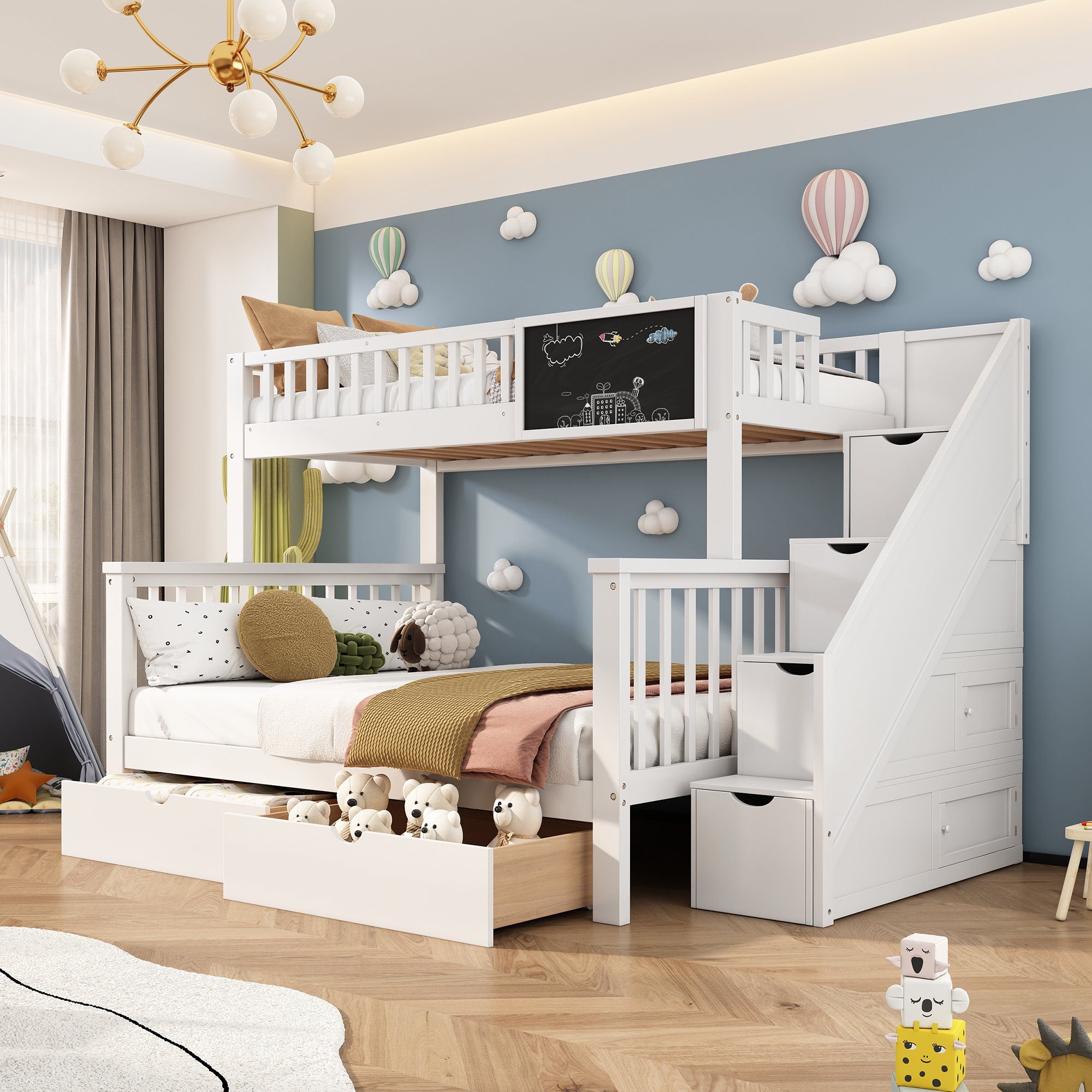 REDOM Etagenbett Kinderbett, mit Tafel Treppe Schubladen 90x200cm+140x200cm