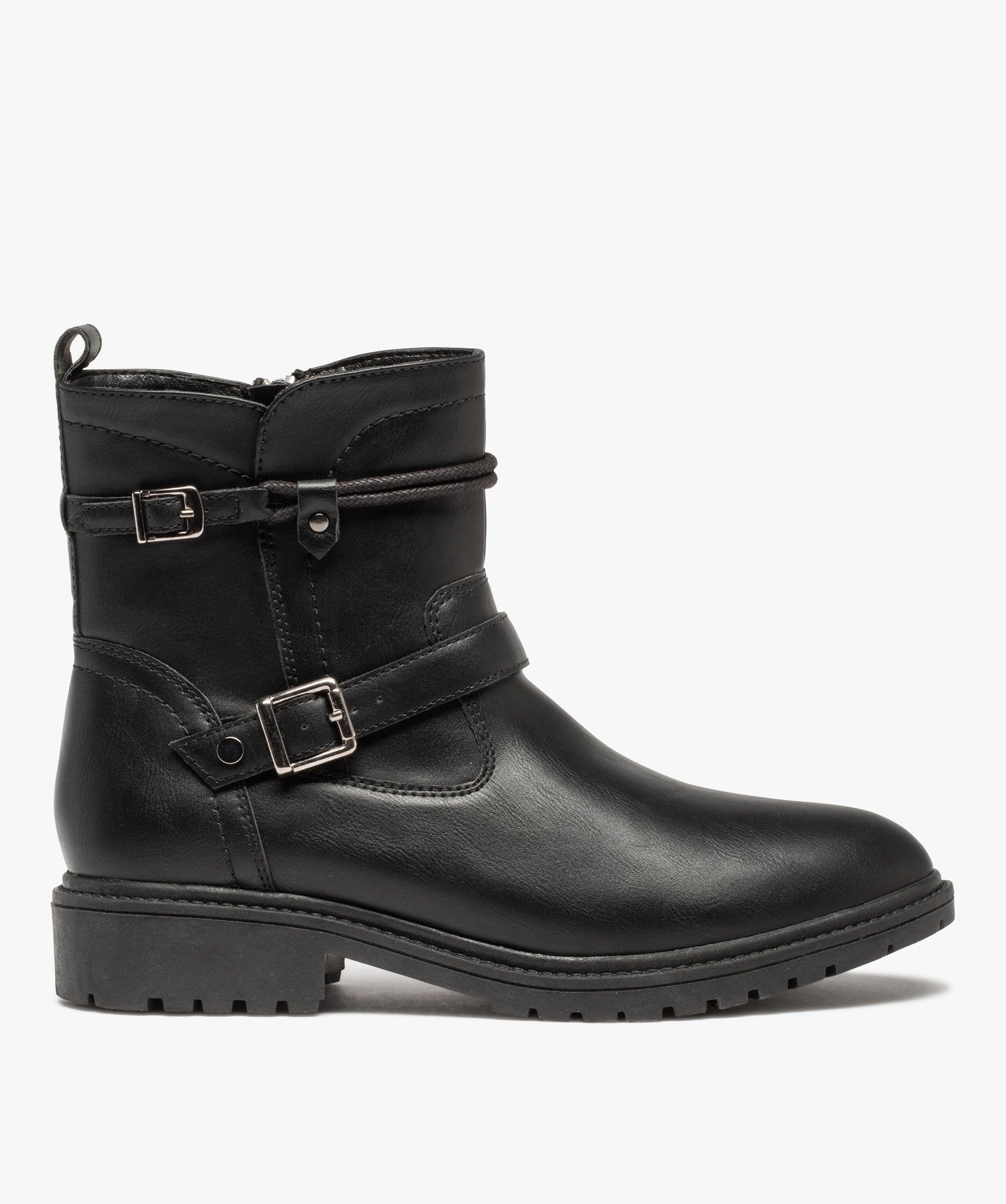 Boots femme unies à brides décoratives et talon large noir | GEMO