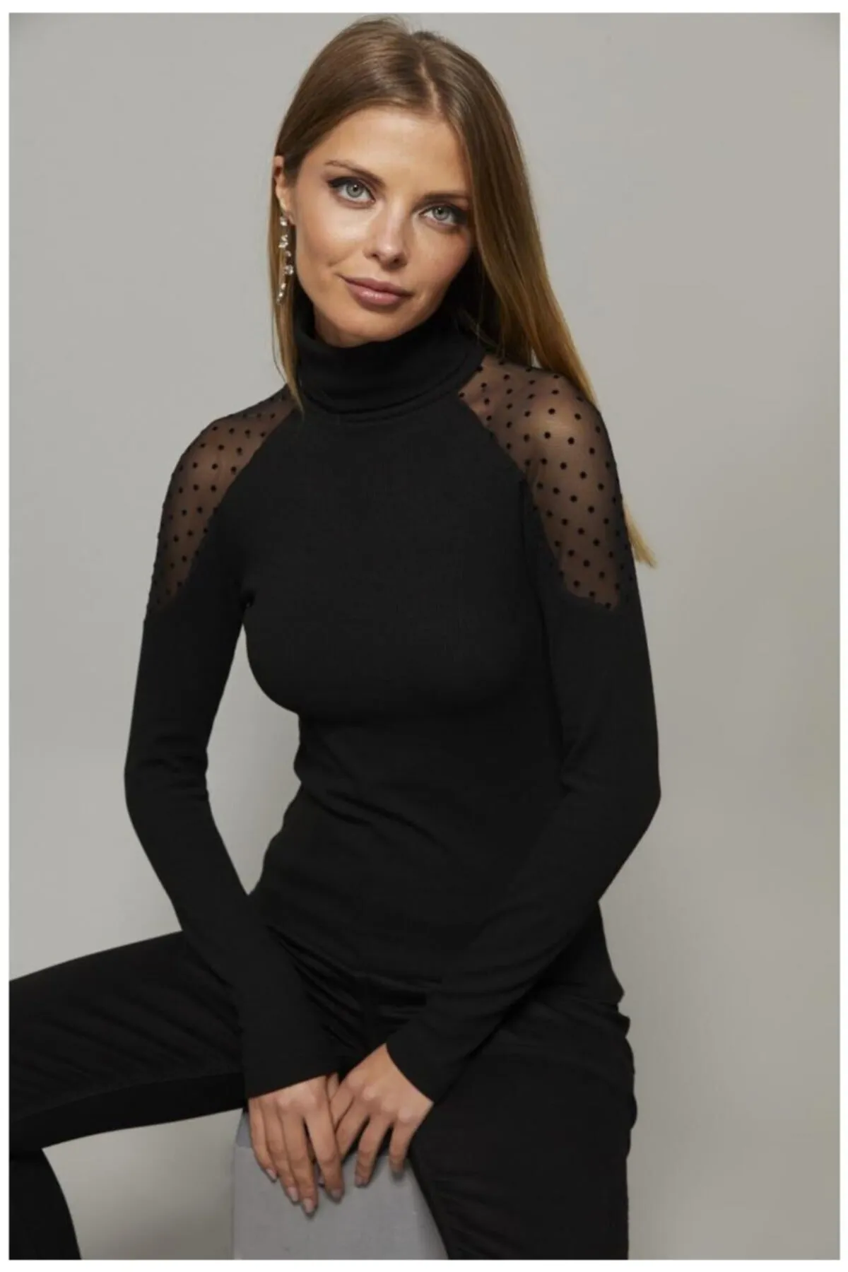 Cool & Sexy  Schwarze Tüllbluse mit Punkten für Damen EY1098