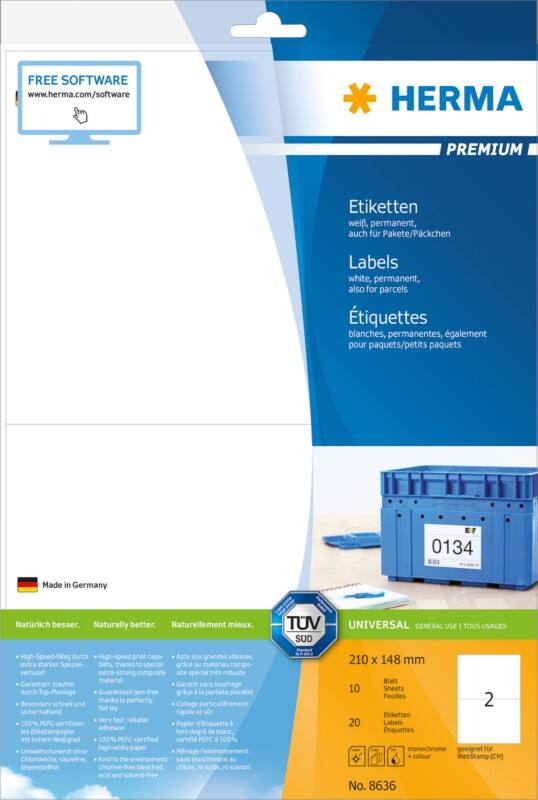 HERMA Multifunktionsetiketten 8636 Weiß Rechteckig 210 x 148 mm 10 Blatt à 2 Etiketten