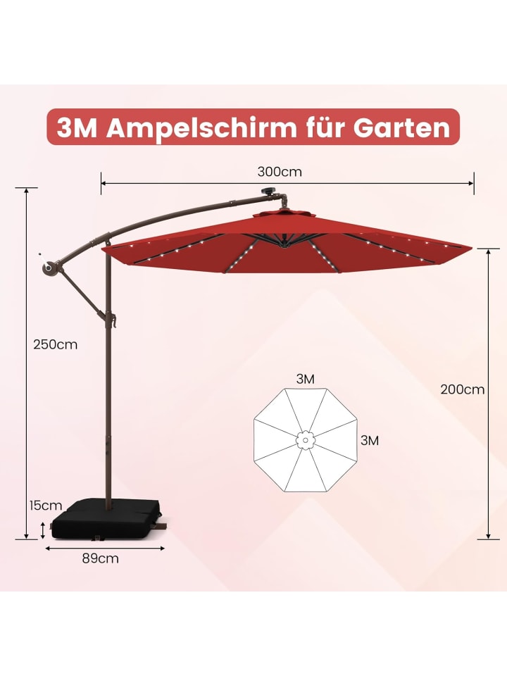 COSTWAY 300cm Ampelschirm mit LED & Sandsäcke in Rot günstig kaufen onesize