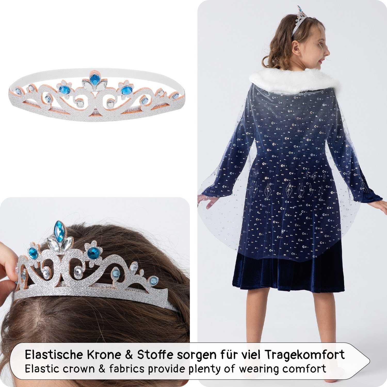 Corimori Prinzessin-Kostüm Elastisches Stella Eiskönigin Kostüm Kleid, mit Tattoos & Diadem, Prinzessinenkleid für Fasching, dunkel-blau