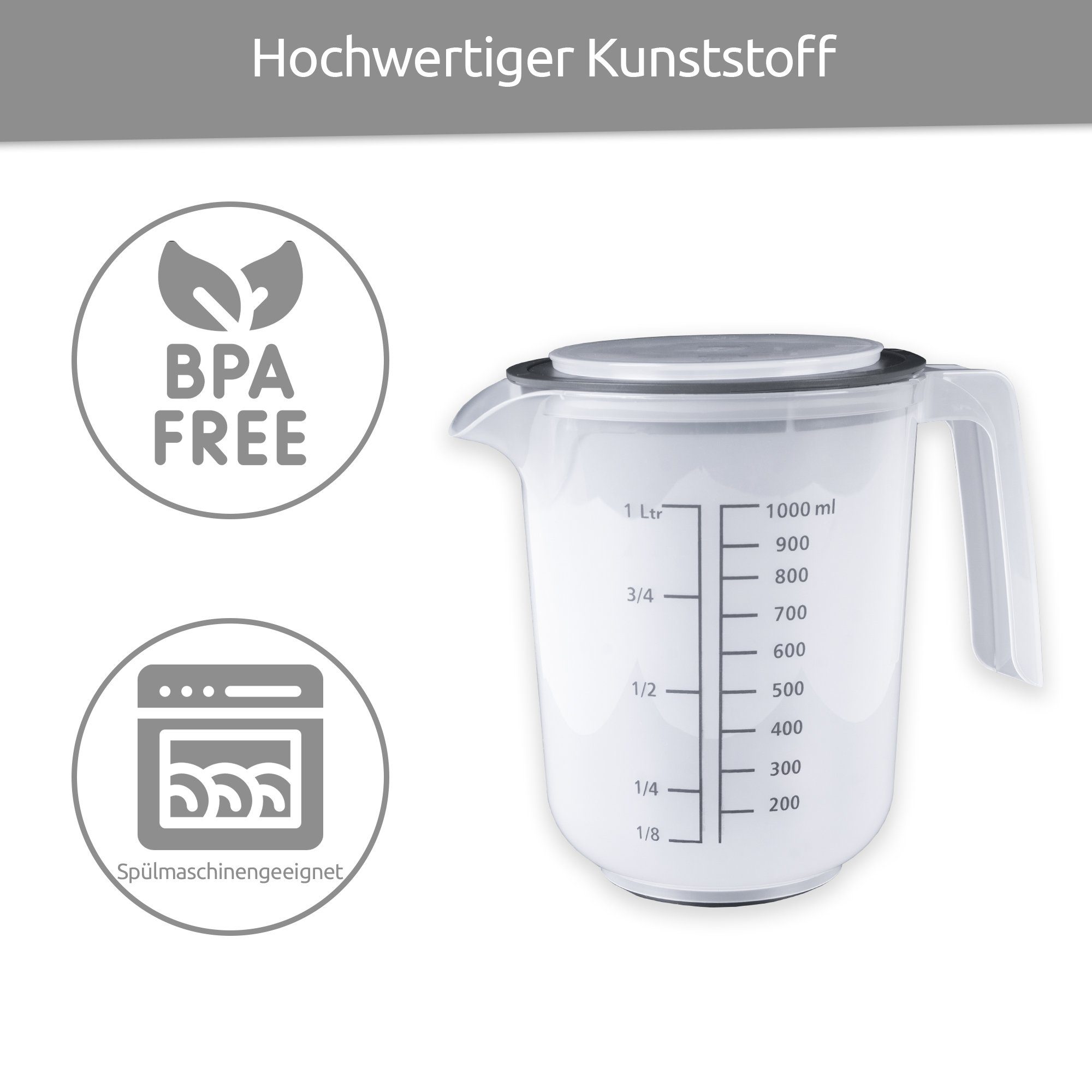 Wüllner + Kaiser Messbecher Messkanne, BPA-freier Kunststoff, (inkl. Spritzschutzring und Deckel), Made in Germany