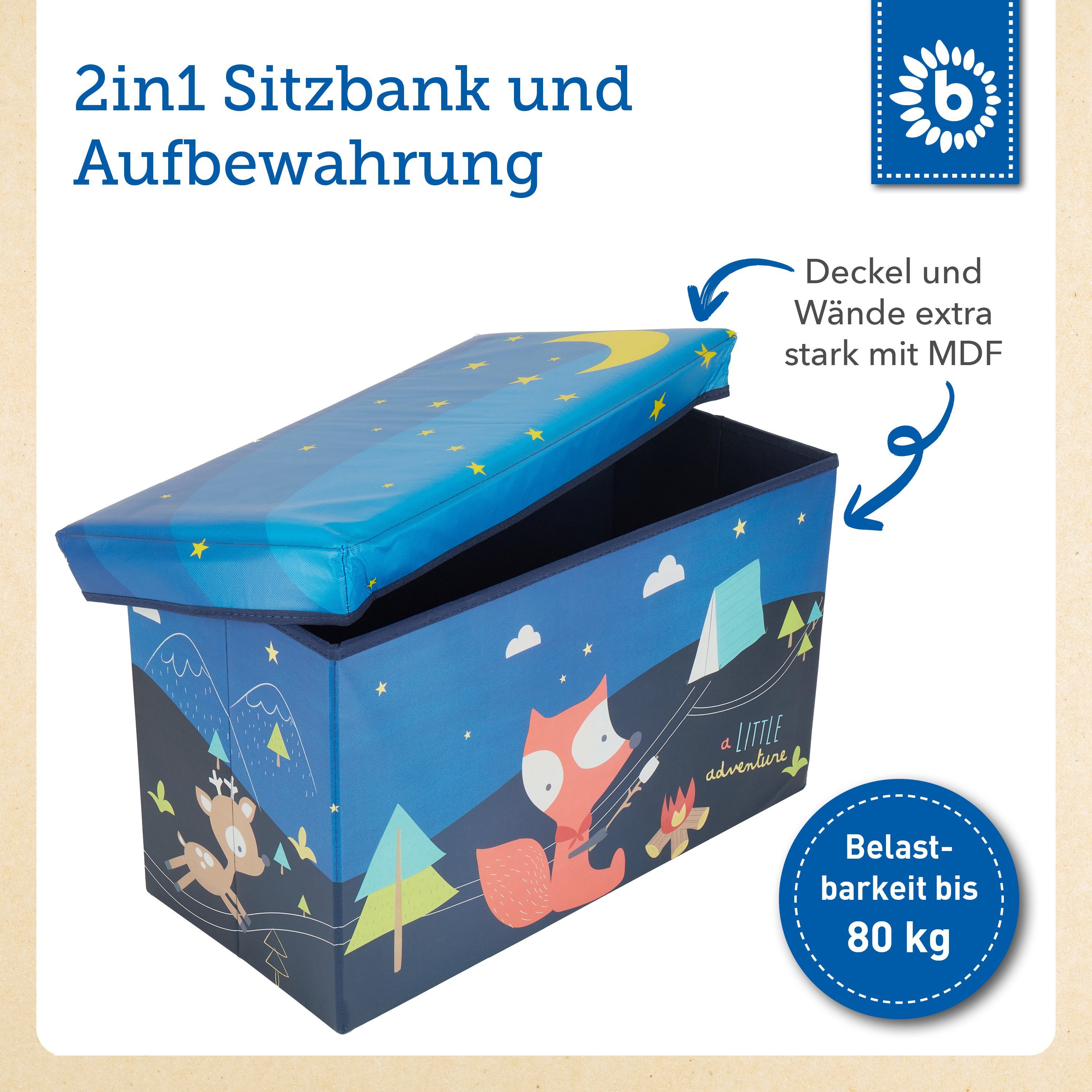 BIECO Spielzeugtruhe Bieco Aufbewahrungsbox mit Deckel Pfadfinder 60L, faltbar ca. 60x30x35cm Spielzeugkiste mit Deckel Aufbewahrungsbox Kinder Kisten mit Deckel Aufbewahrungsbox Groß Wickeltisch Organizer