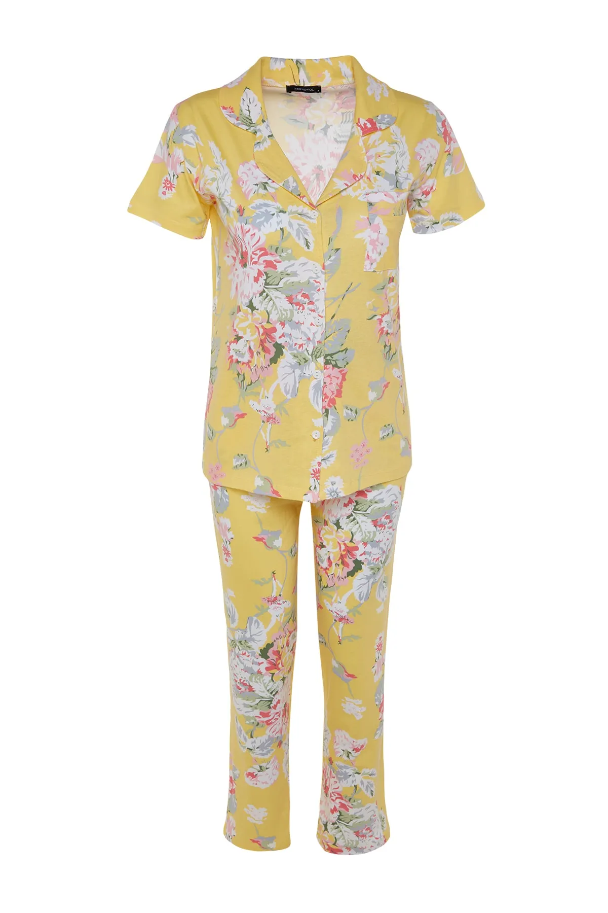 Trendyol Collection  Gelbes, gestricktes Pyjama-Set aus Hemd und Hose aus 100 % Baumwolle mit Blumenmuster THMSS20PT0063