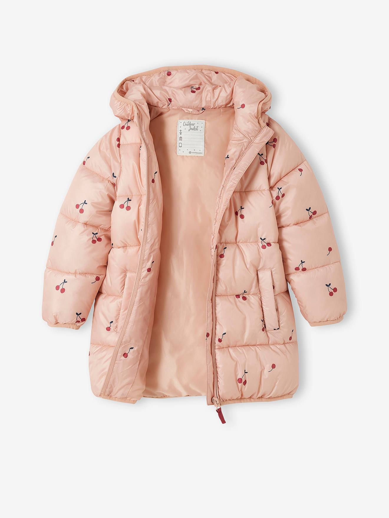 Doudoune longue légère imprimée cerises fille printed pink
