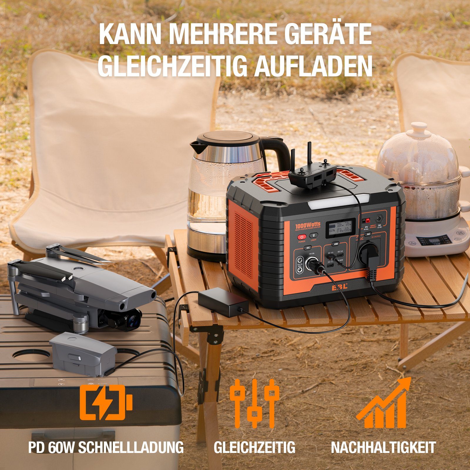EBL Stromerzeuger Powerstation,1000W/999Wh Tragbar Stromerzeuger für Camping im Freien, 1,00 in kW, (1-tlg)