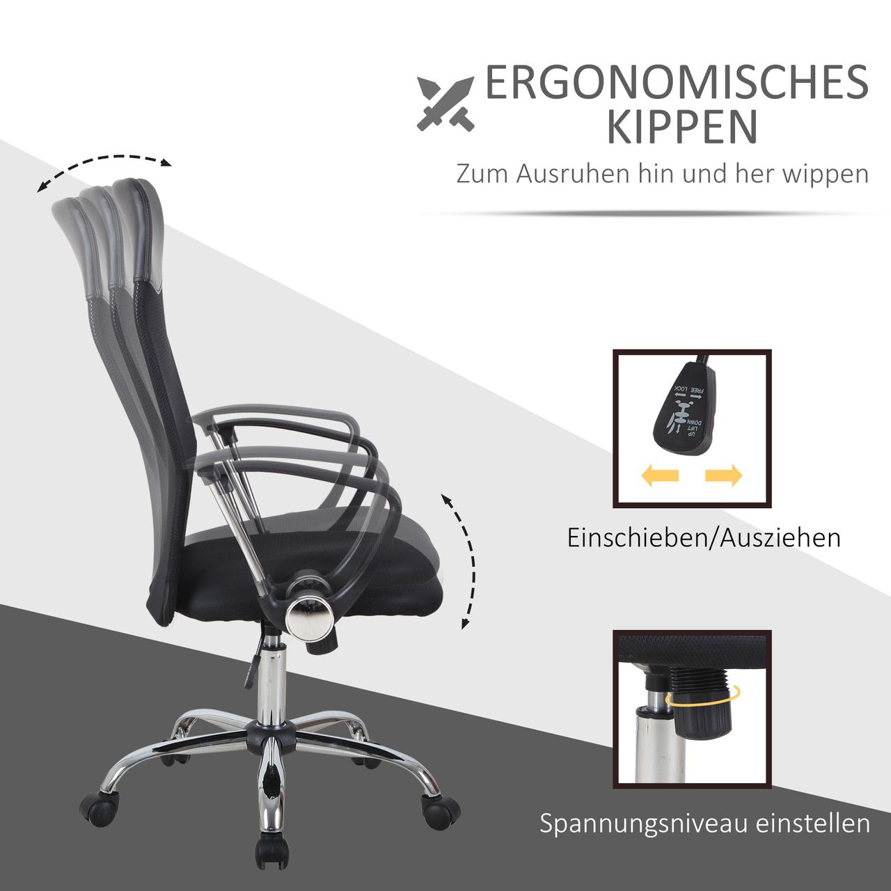 HOMCOM Bürostuhl Drehstuhl mit Wippenfunktion Gaming Stuhl Schaumstoff Netz