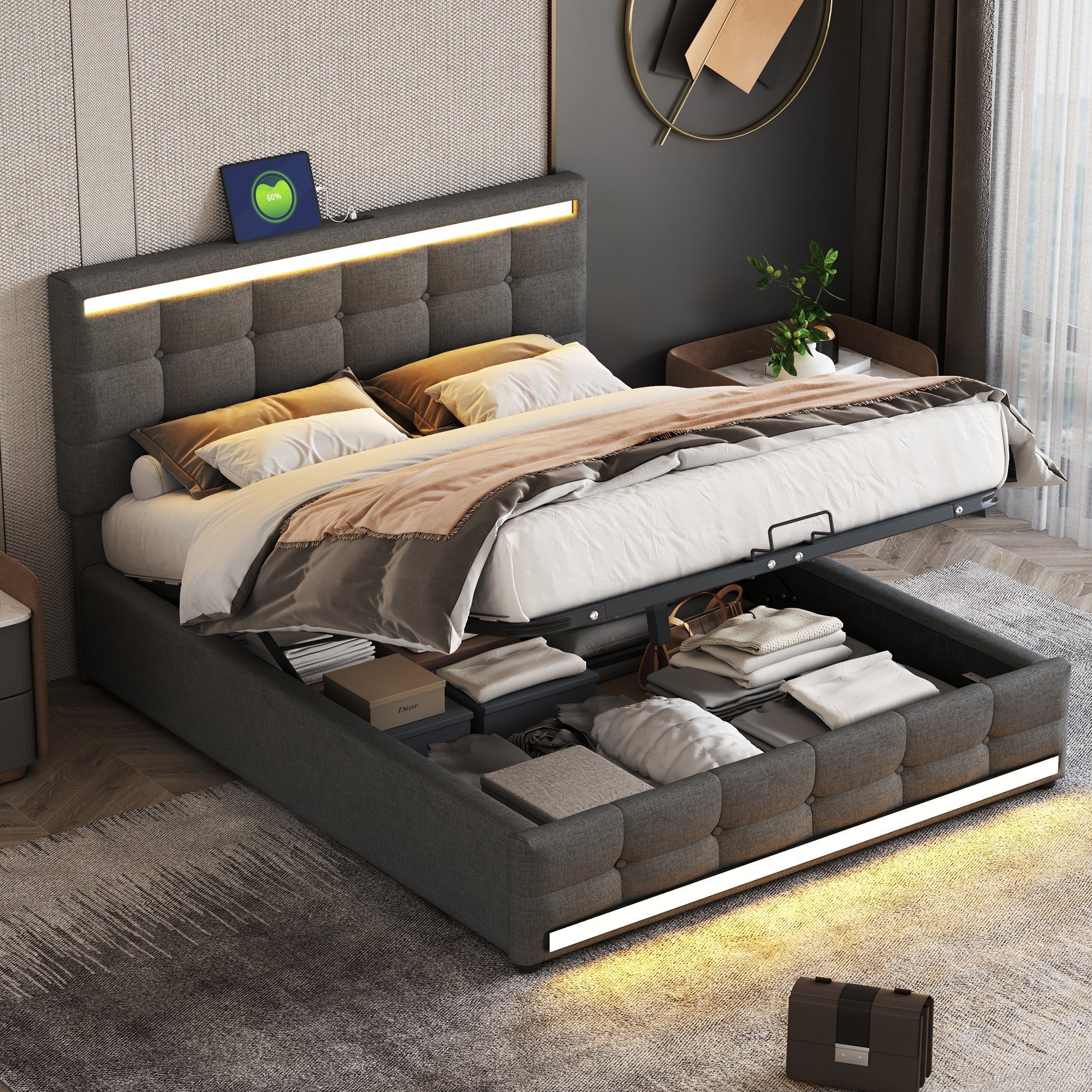 Flieks Polsterbett, LED Doppelbett Stauraumbett 2 USB-Anschluss 140x200cm Leinen