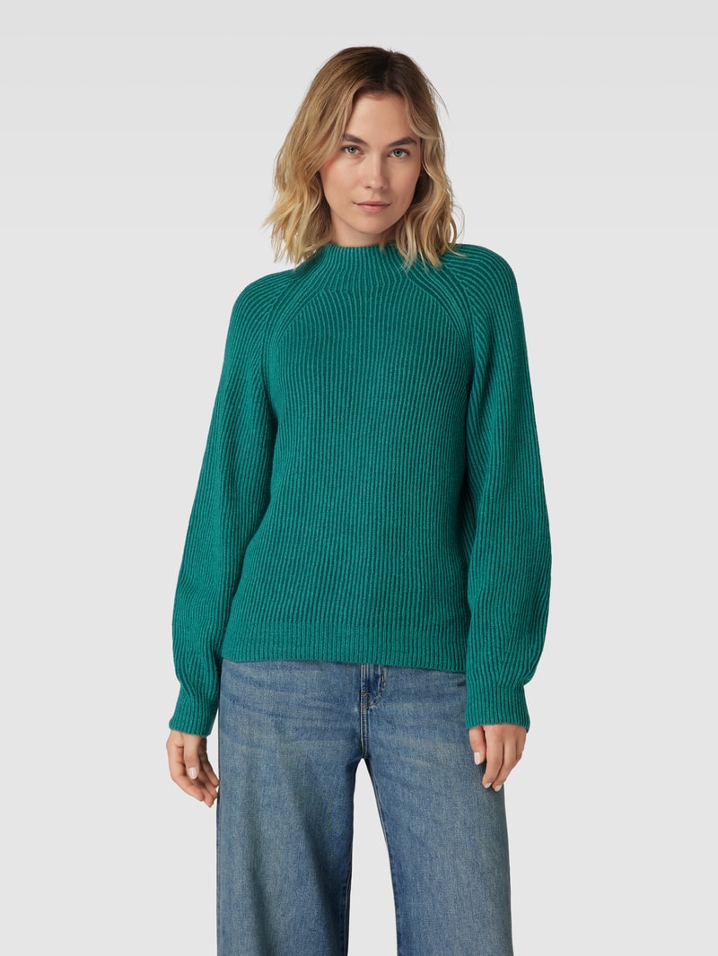 Strickpullover mit Lanawoll-Anteil und Rippenstruktur in petrol