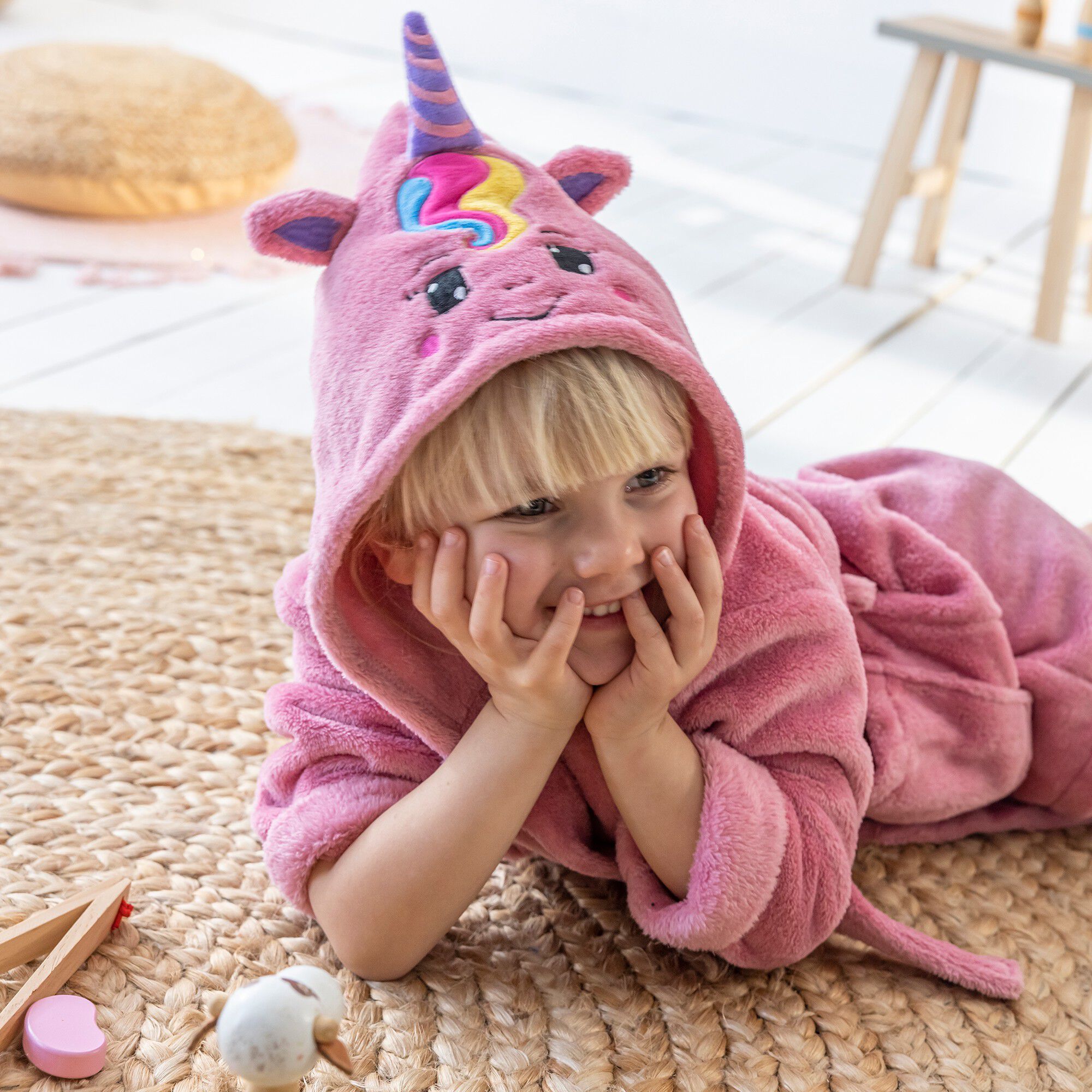 Peignoir de bain enfant à capuche licorne personnalisable microfibre