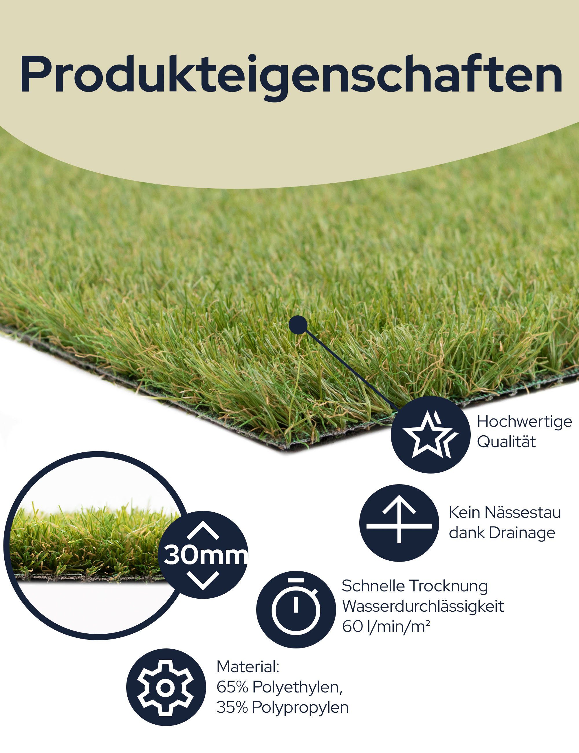 Kunstrasen COLORADO, Primaflor-Ideen in Textil, rechteckig, Höhe: 30 mm, mit Drainagefunktion, ideal für Balkon & Terrasse