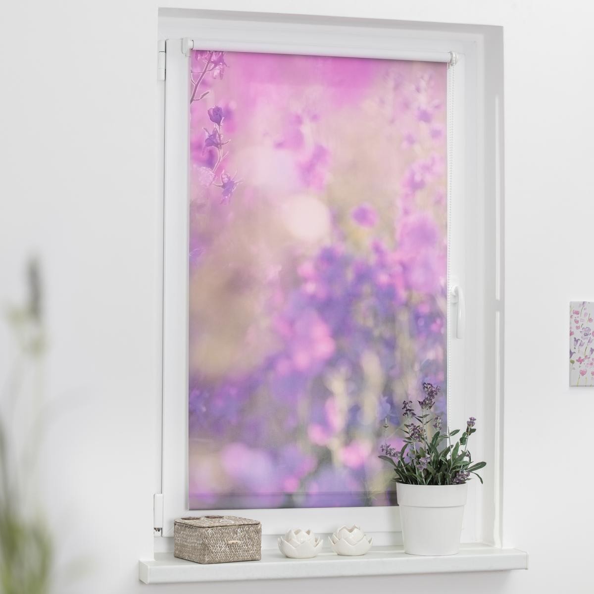 Lichtblick Rollo Klemmfix, ohne Bohren, blickdicht, Blumenwiese - Fuchsia Violett, 90 x 150 cm (B x L)