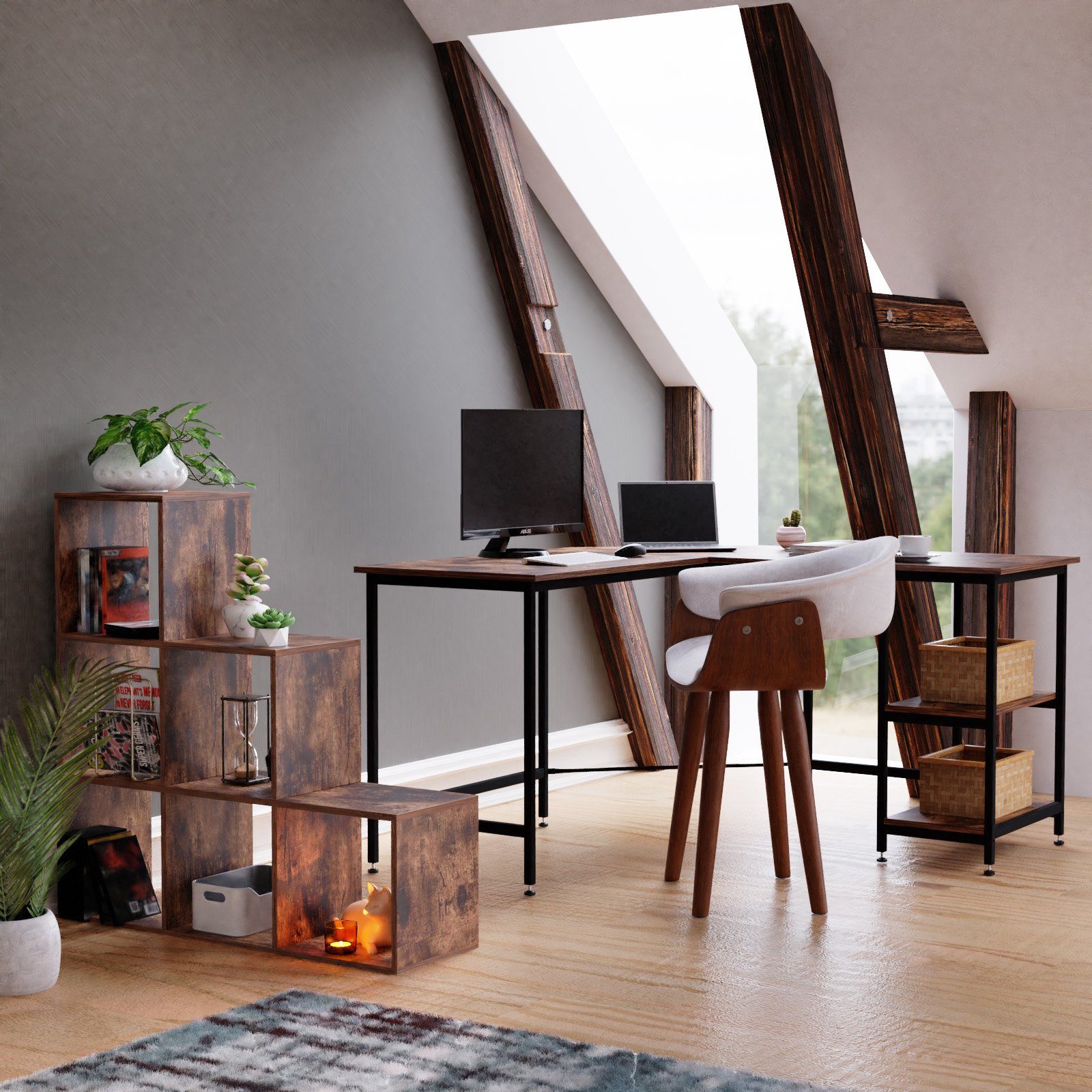 MIADOMODO Raumteiler Treppenregal- Weiß/Braun, 6/10 Fächer, Stabil, Offen, Freistehend, MDF