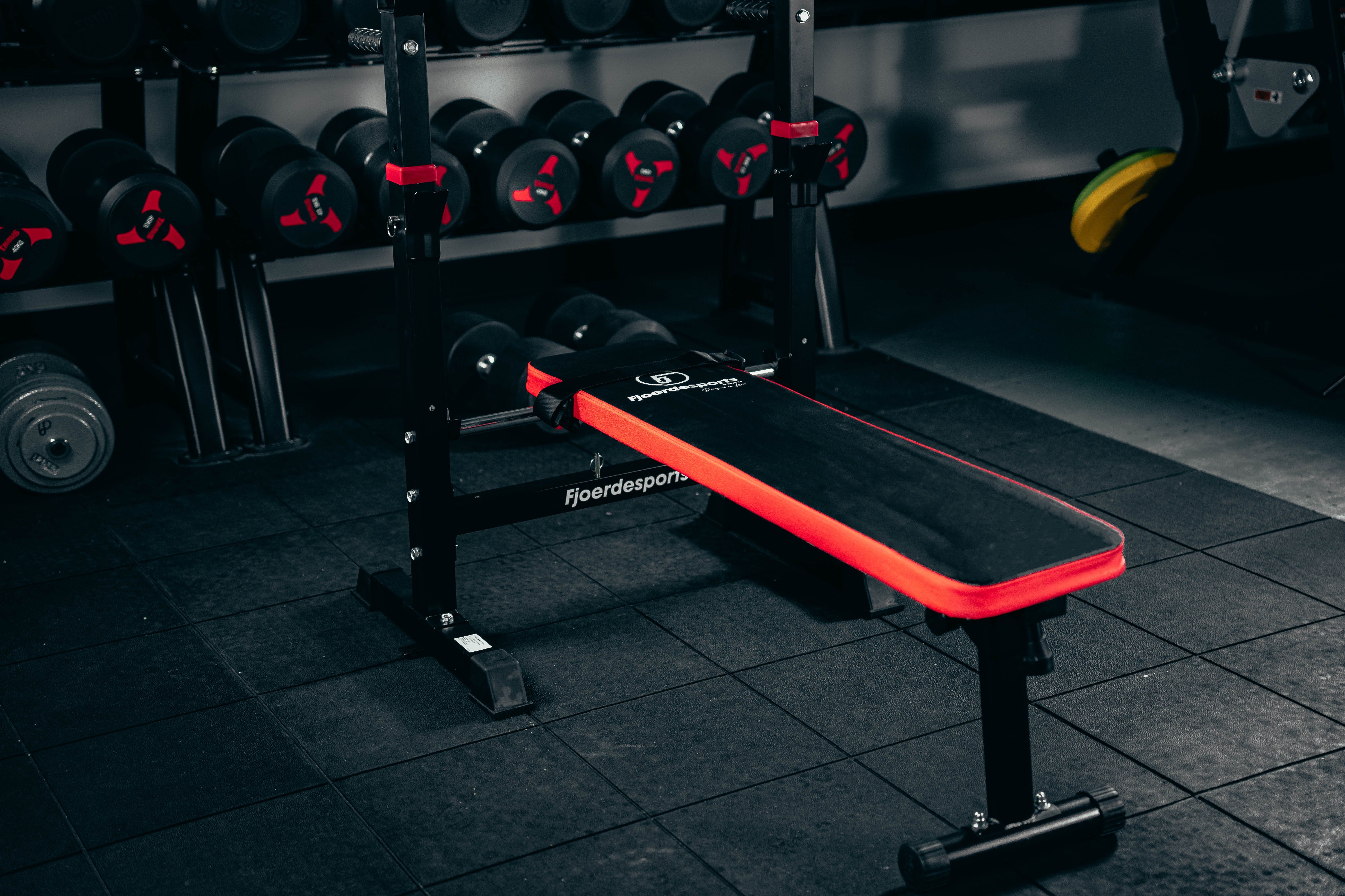 Fjoerdesports Hantelbank Faltbare Hantelbank mit Ablage für Langhantel & Dip-Station, (Trainingsbank mit Polsterung, Krafttrainingsbank, Bankdrücken, Fitness, Workout, Krafttraining, Hanteltraining, Liegestütze, verstellbare Lehne, bequeme Polsterung