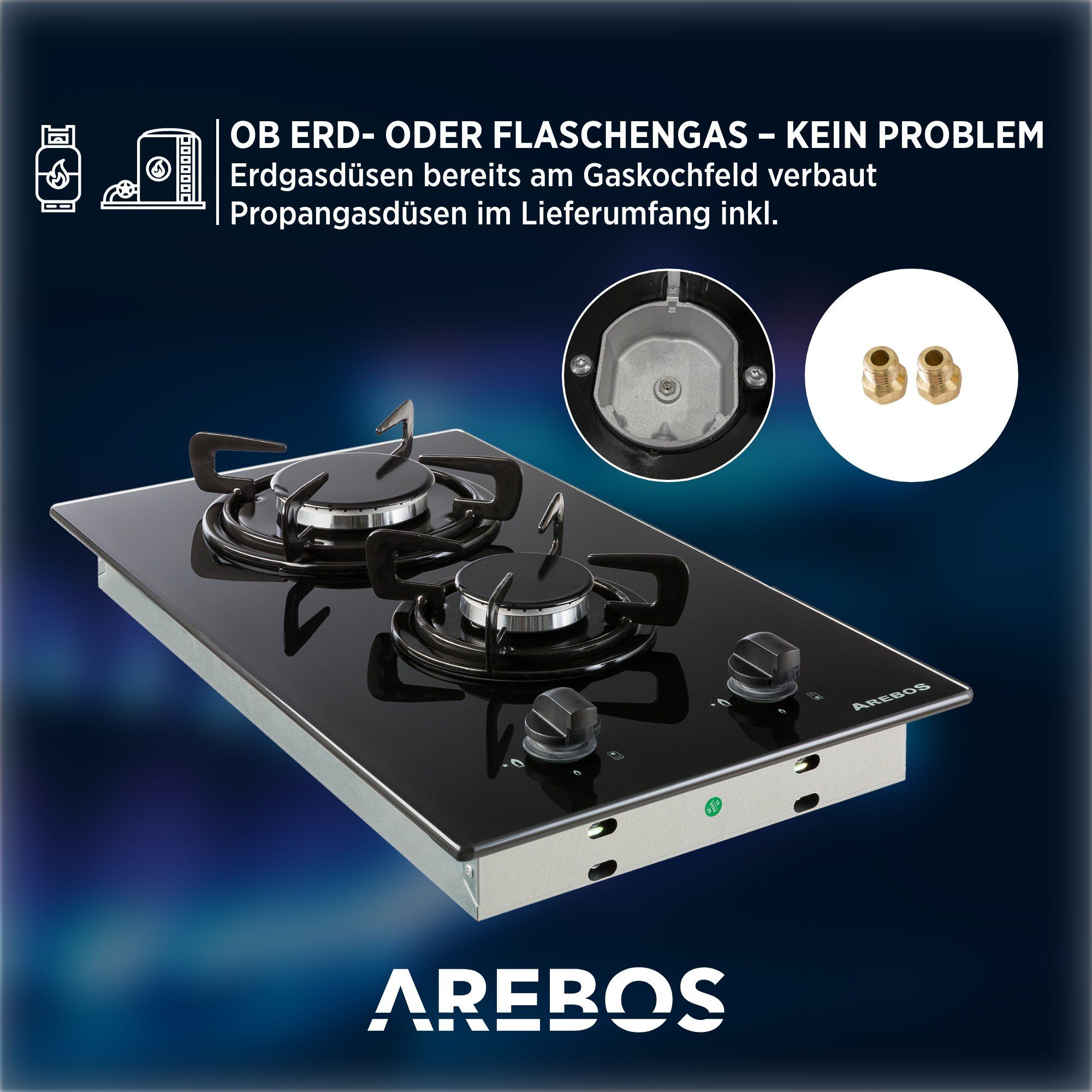 Arebos Gas-Kochfeld Glas 30 cm AR-HE-GH30CM, Geeignet für Erdgas und Propangas, Gaskochfeld Gasherd