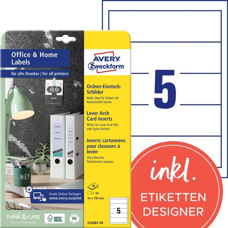 AVERY Zweckform C32267-10 Ordneretiketten DIN A4 Weiß 54 x 190 mm 10 Blatt à 5 Etiketten