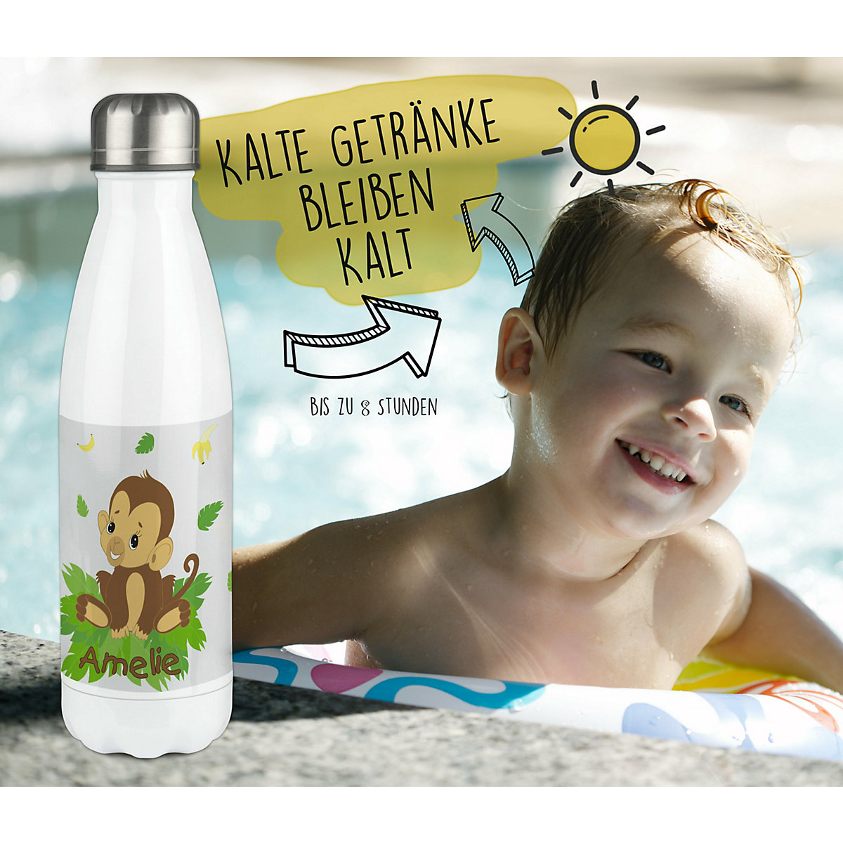 Edelstahl Kinder Thermoflasche / Trinkflasche bunt Affenbaby Spülmaschinenfest, Auslaufsicher, Bruchfest, Doppelwandig, Für Heißgetränke geeignet, Mit Deckel, Isoliert