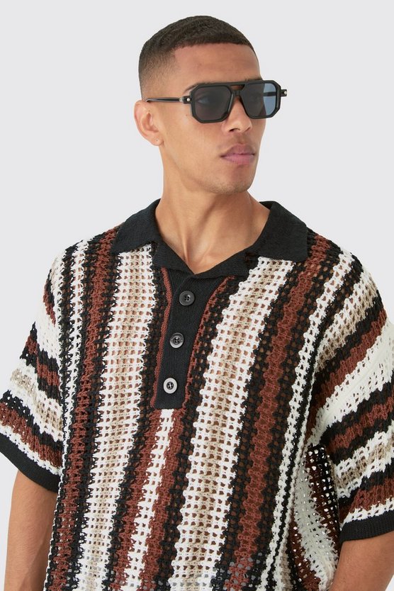 Oversize Strick-Poloshirt mit Streifen
