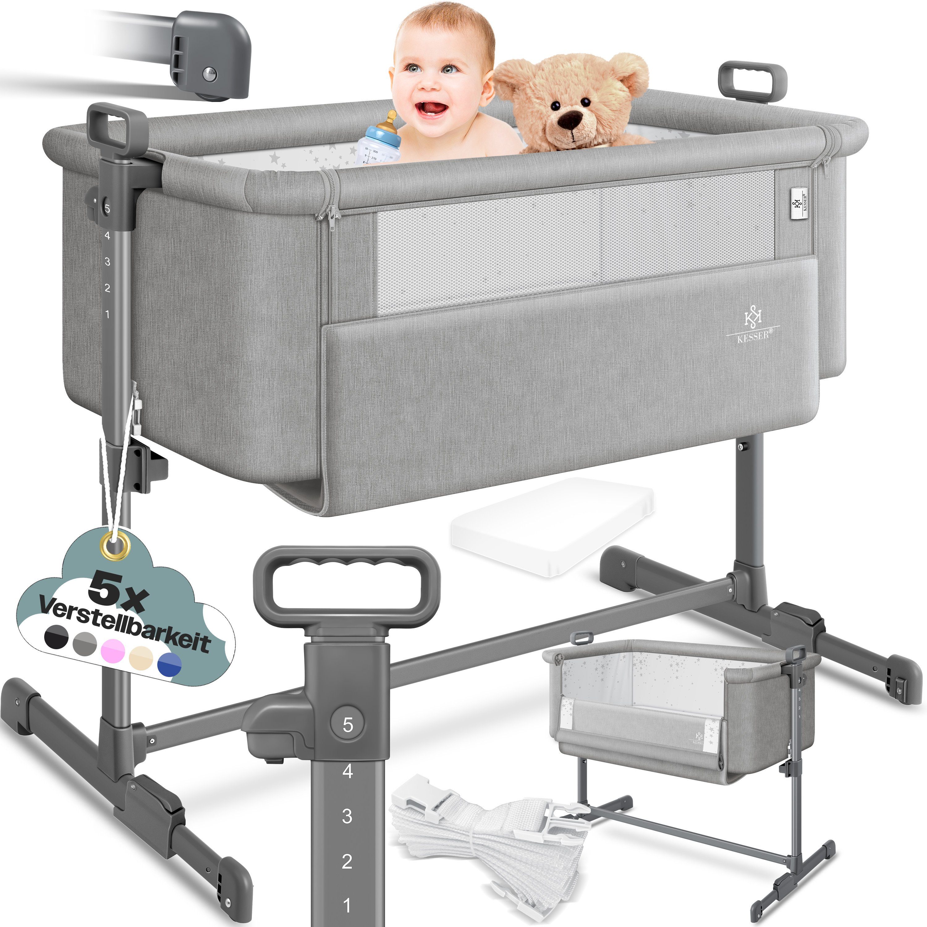 KESSER Kinderbett, Zustellbett Hubi 3in1 Baby Beistellbett Reisebett Babybett