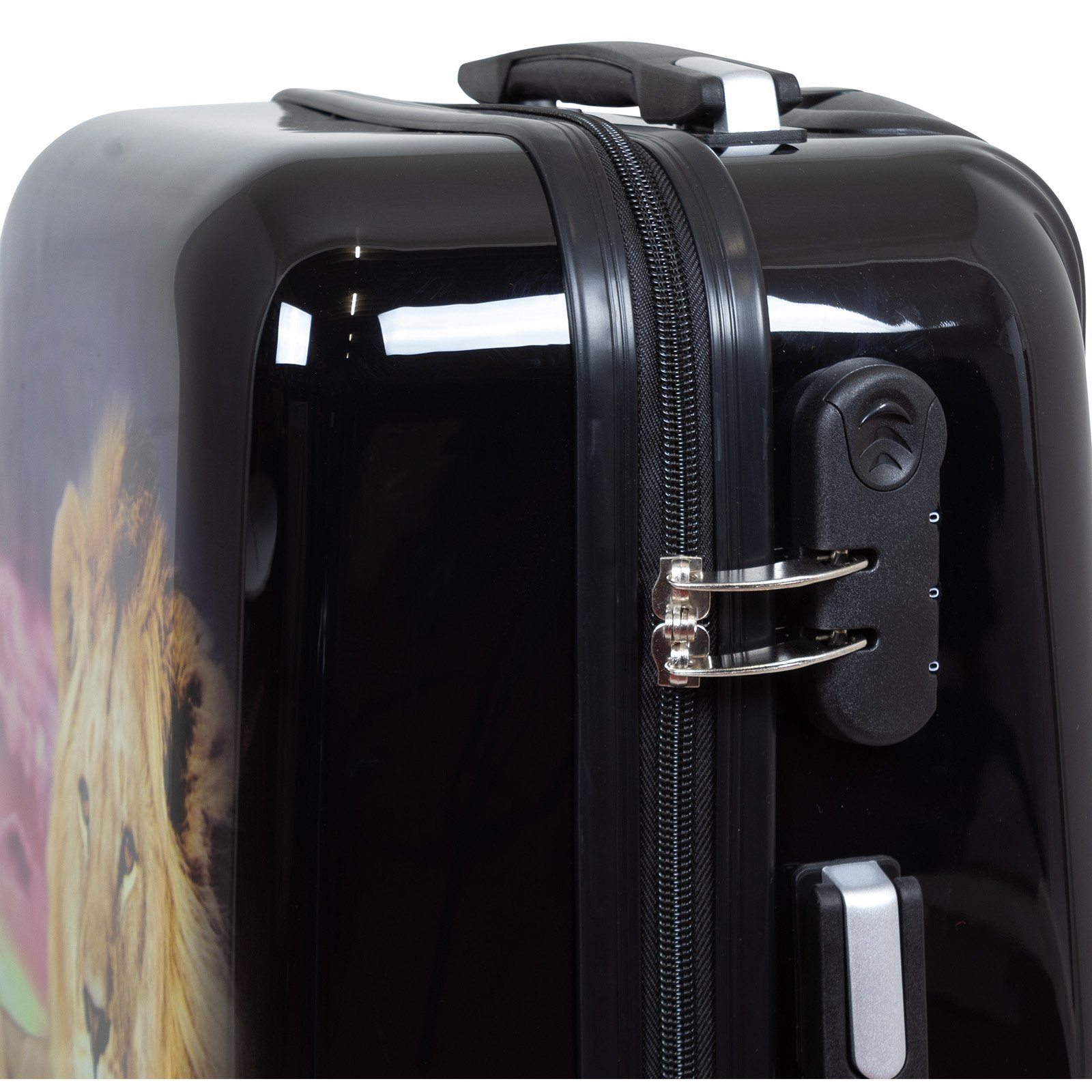 Trendyshop365 Hartschalen-Trolley Löwe, bunter Koffer mit Tier-Motiv, 3 Größen, 4 Rollen, Zahlenschloss, Polycarbonat, Dehnfalte