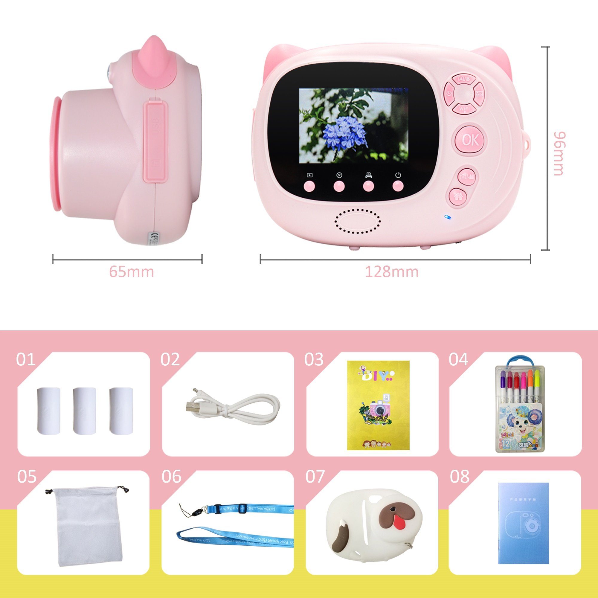Fine Life Pro Kreative Kinderkamera Sofortbildkamera (24 MP, inkl. 12 farbigen Pinselstiften + 3 Rollen Druckpapier + Aufkleber, Videoaufnahmen mit Ton in Full HD, WIFI, automatische Blitzzuschaltung)