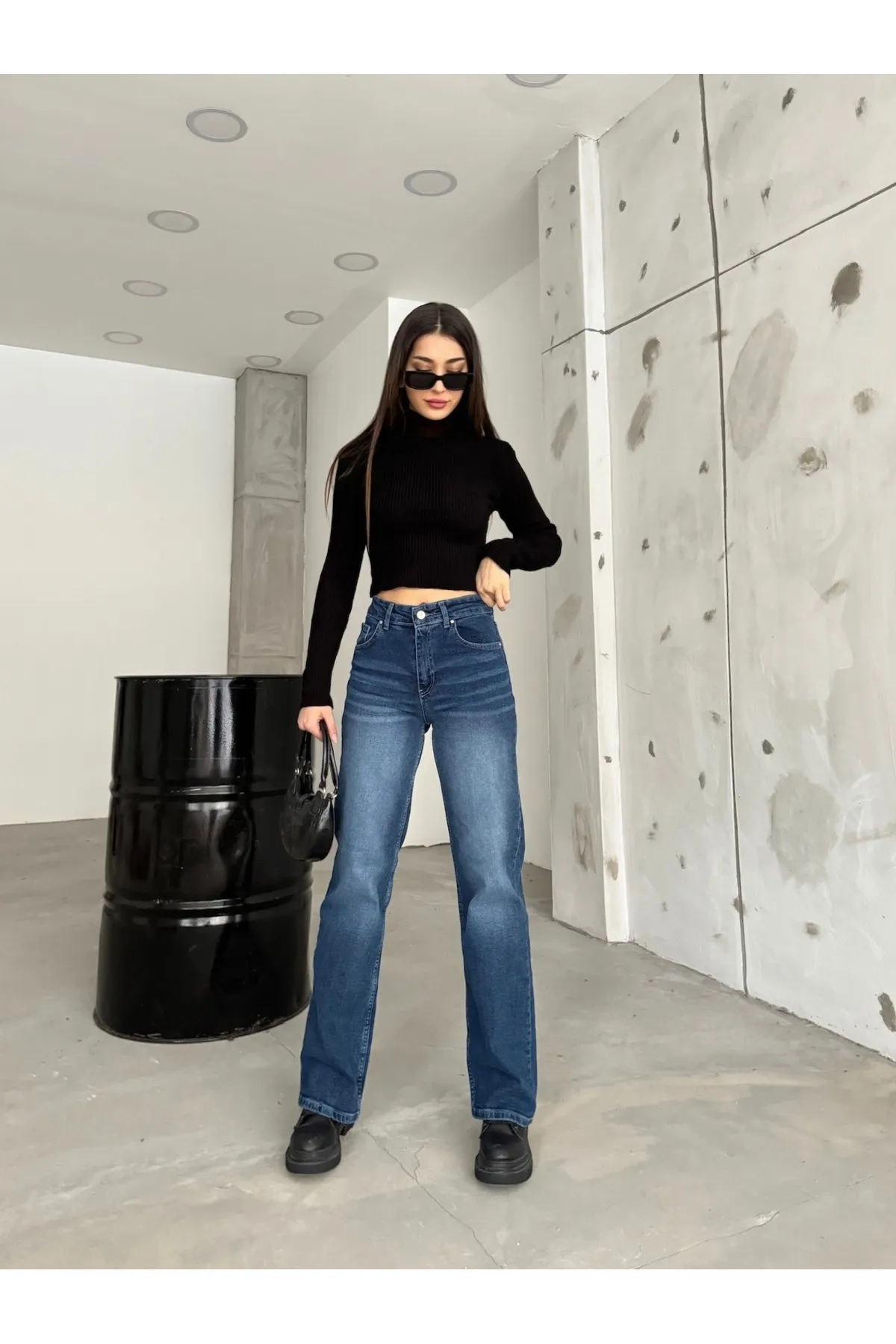 BİKELİFE  Damen-Palazzo-Jeans aus Lycra mit hoher Taille und weitem Bein in Blau mit hellem Effekt und weitem Bein in Segelblau