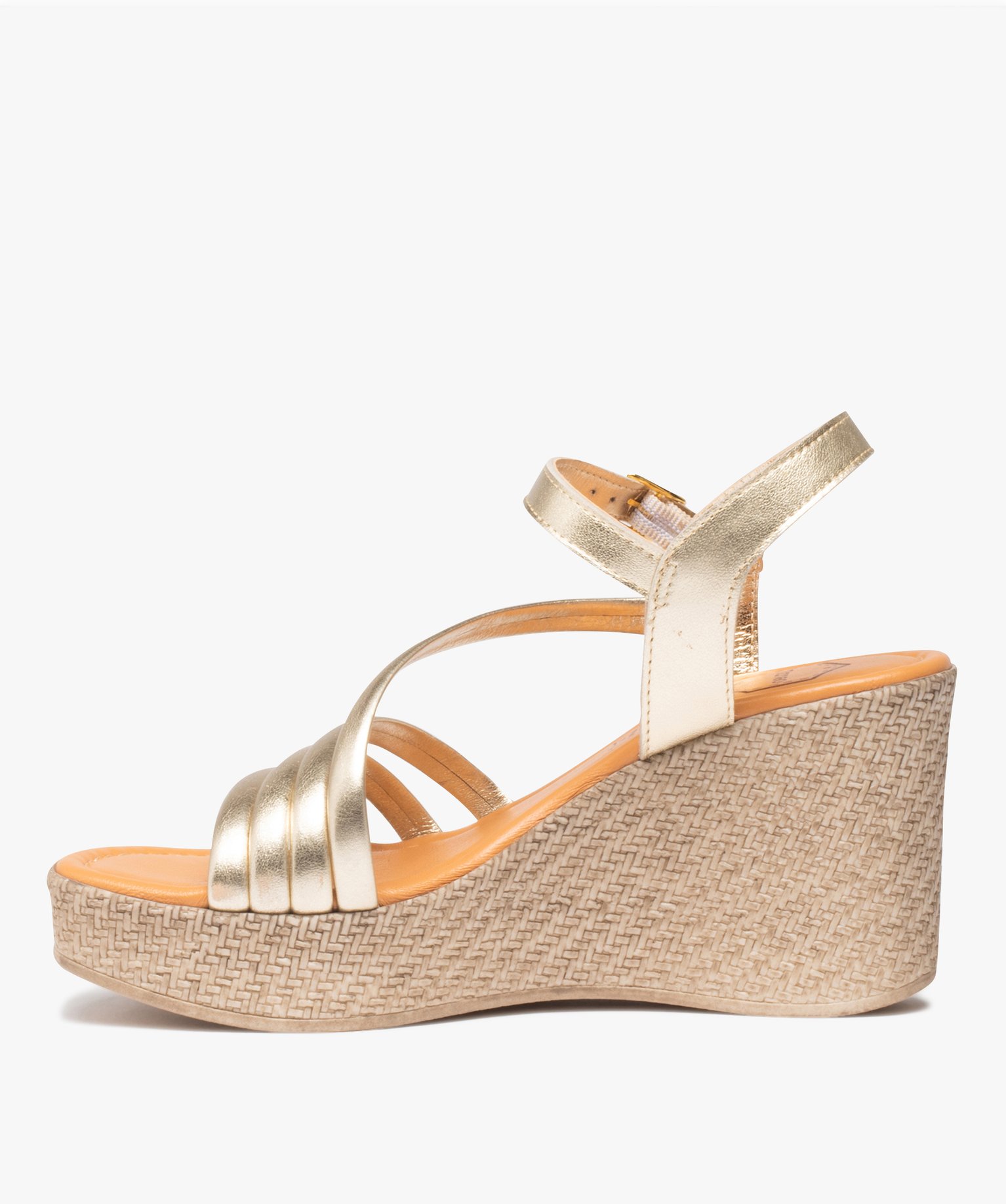 Sandales femme compensées à brides métallisées en cuir -... or | GEMO