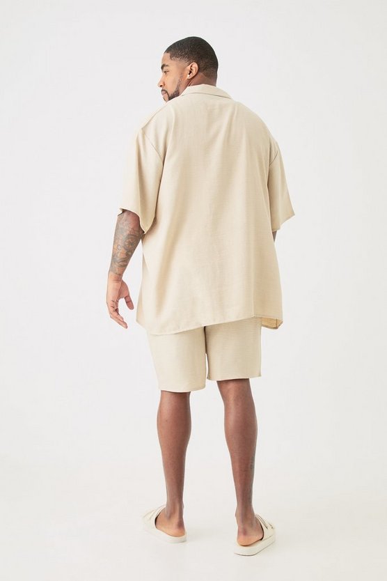 Plus Oversize Leinen-Hemd & Shorts in Natur