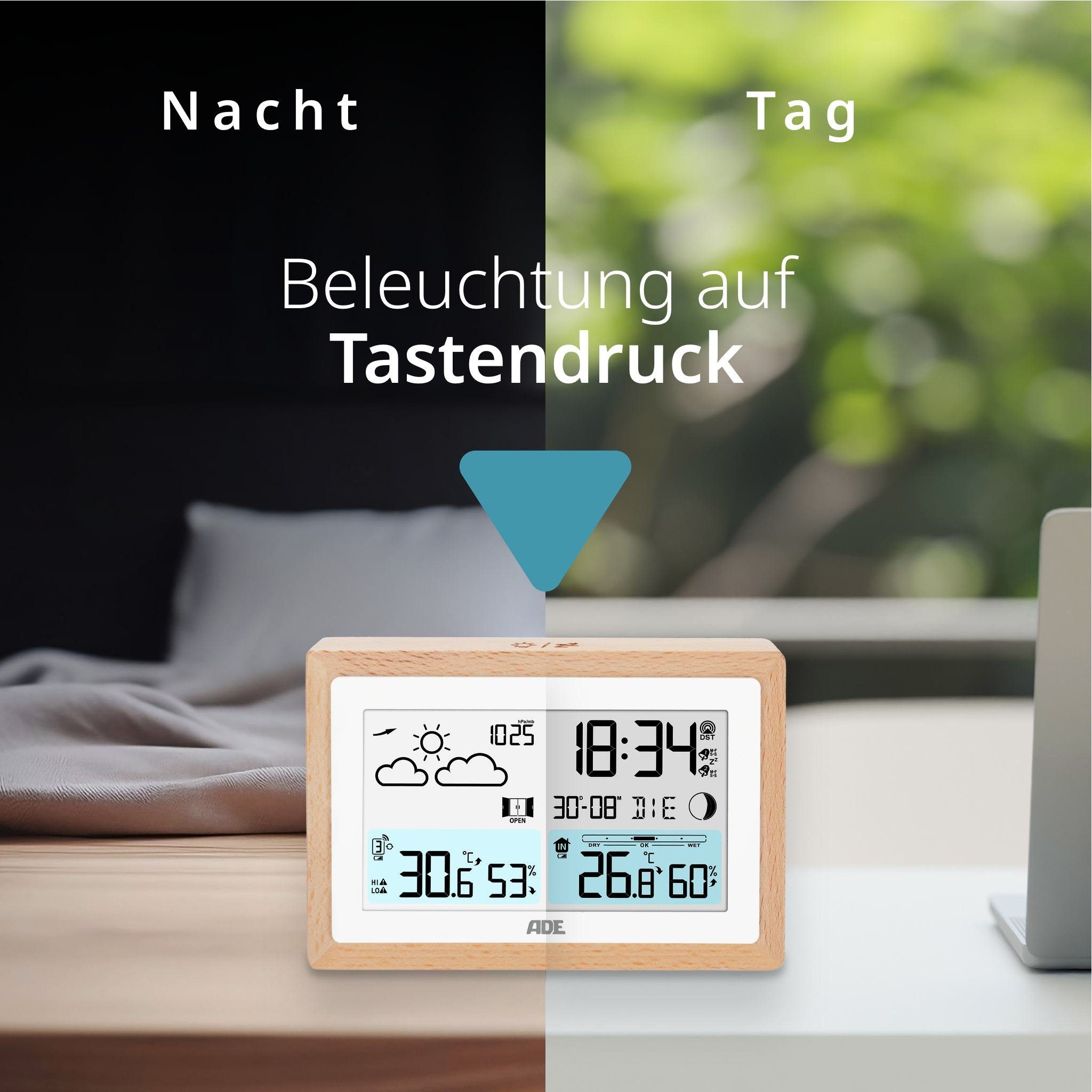 ADE Digitale Wetterstation Funk mit Außensensor und Vorhersage Funkwetterstation (Rahmen aus Vollholz, mit Barometer und Funkwecker, Beleuchtung)