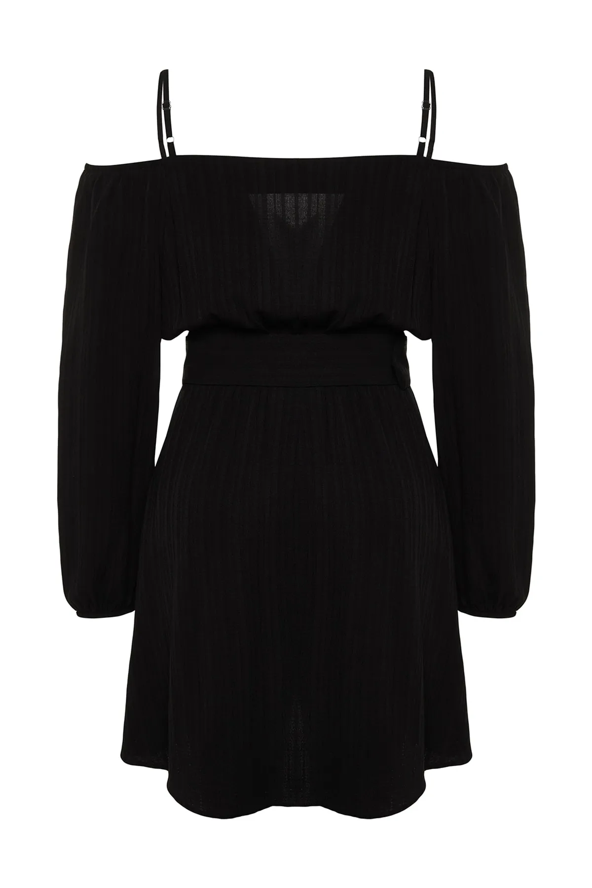 Trendyol Curve  Schwarzes gewebtes Kleid mit zweireihigem Kragen und Gürtel TBBSS23AH00206