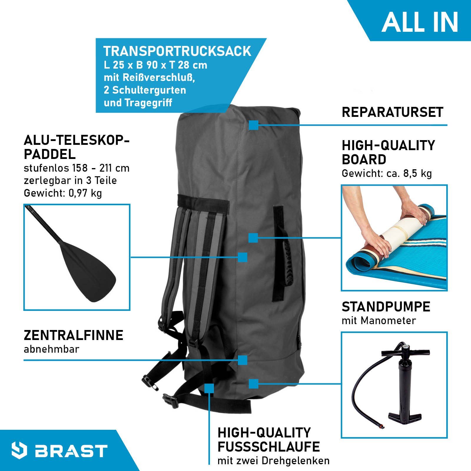 BRAST SUP-Board Tribal Ocean Sixties & Turtle, Aufblasbares Stand up Paddle Set, (320x81x15cm viele Modelle), incl. Zubehör, 5 Jahre Garantie, Fußschlaufe Paddel Pumpe Rucksack