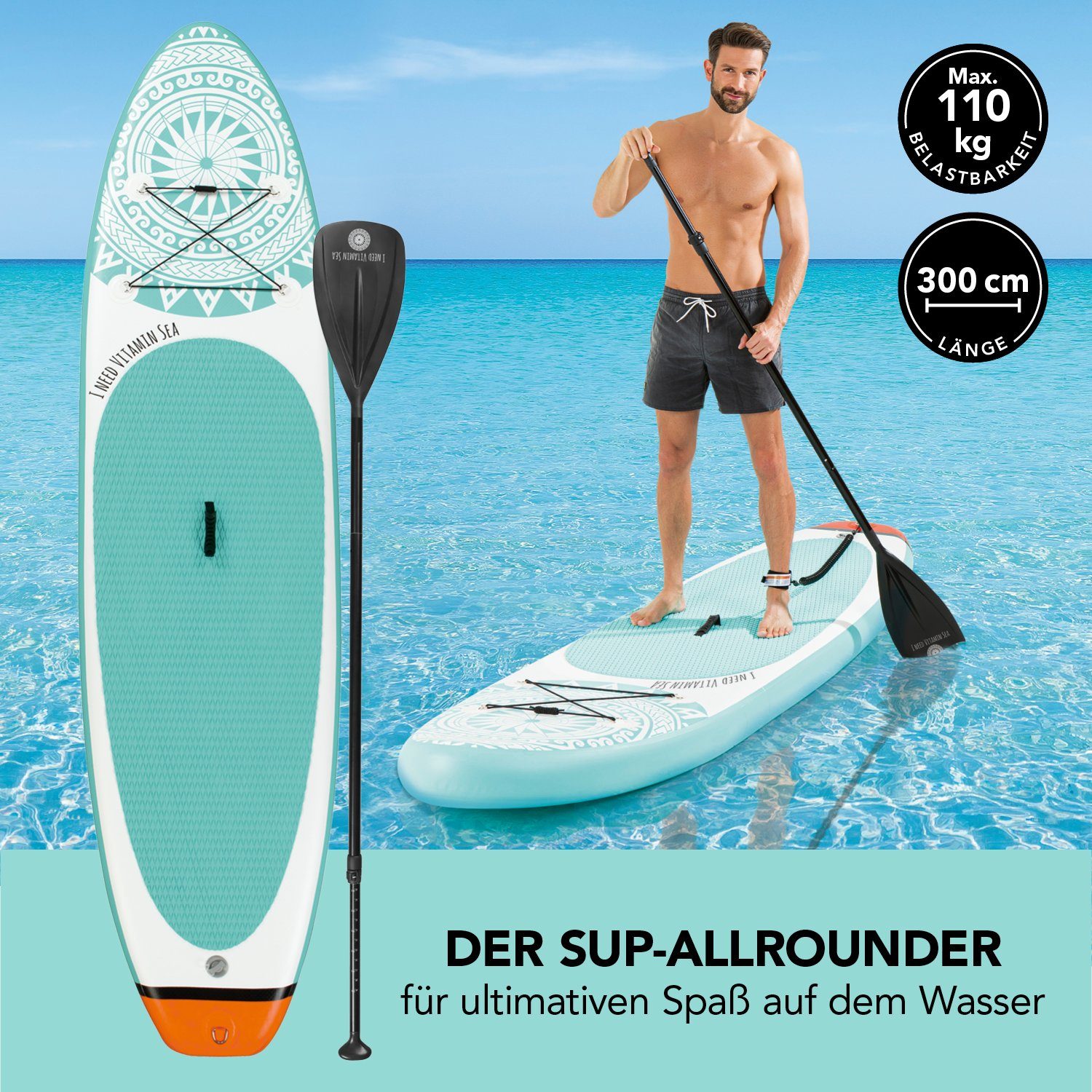 EASYmaxx Inflatable SUP-Board Stand Up Paddle Board - komplett Set, 300 cm, 110kg, inkl. Paddle und Zubehör
