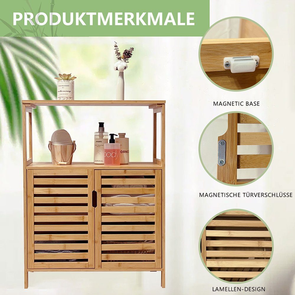 WAOHO Badkommode Badezimmerschrank Bambus, Sideboard Wohnzimmer, Schließfach 65X87X33cm, Abnehmbare Partition